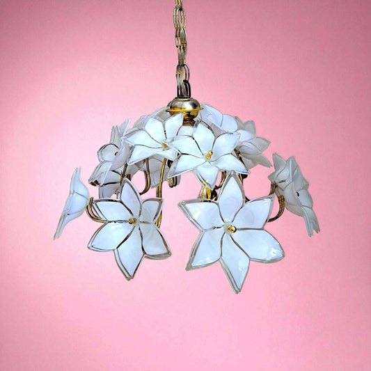 Vintage Murano Glass Chandelier – 1980s Brass Floral Ceiling Light with White Flowers