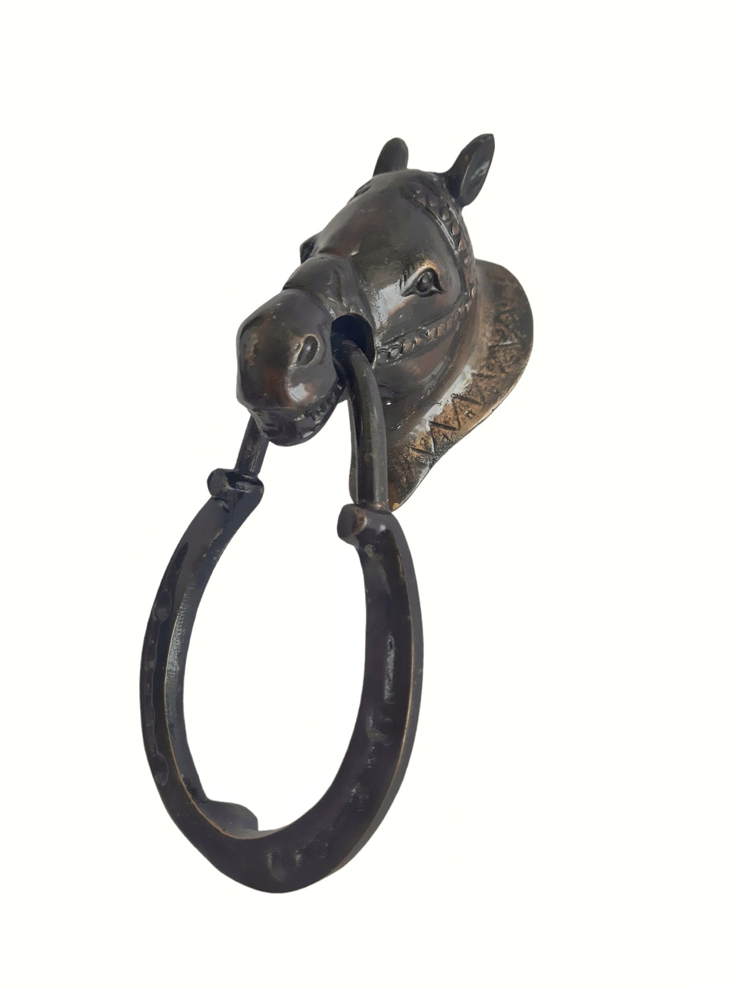 Antique-finished brass horse door knocker in equestrian style