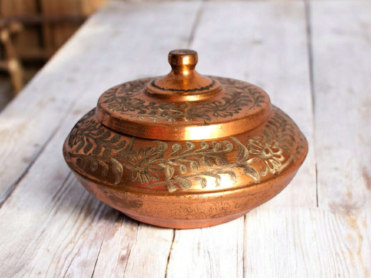 80s Vintage Copper Box with Lid Floral Design Trinket Storage
