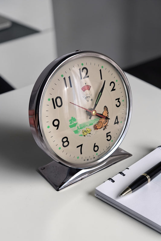 Vintage 70s Blue Metal Alarm Clock – Rare Wind-Up Pecking Chicken Design