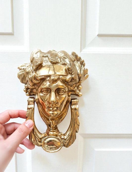 Elegant Grecian Goddess Dionysus Brass Door Knocker – Mirror Gold Finish, 19cm