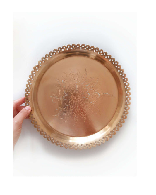 Elegant Engraved Floral Vintage Brass Serving Tray - Antique Style Gold Decor