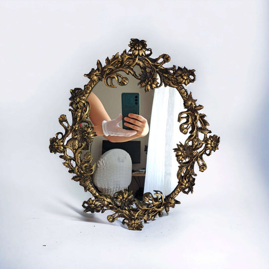 Vintage Style Floral Brass Wall Mirror - Antique Gold Elegance, 38cm
