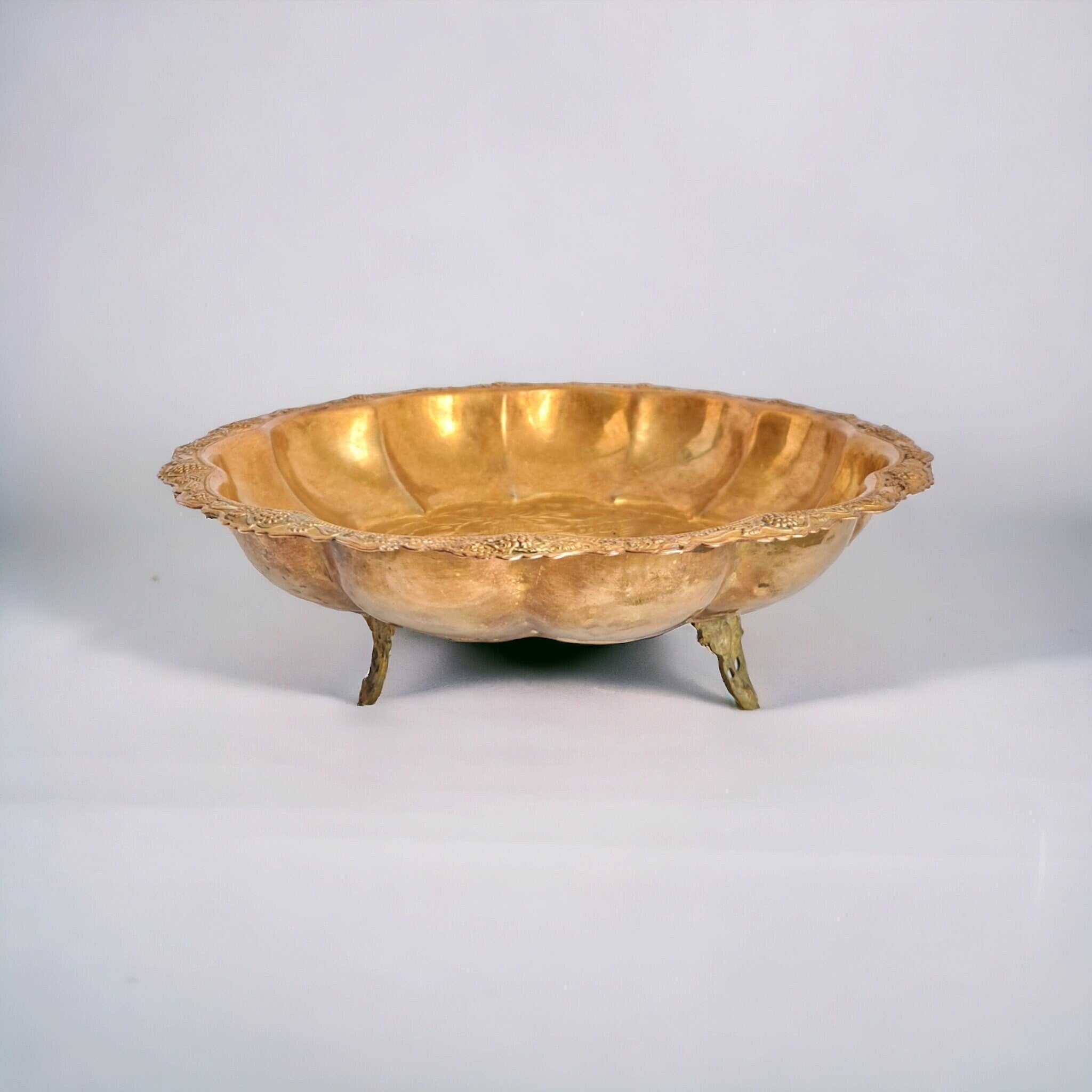 Vintage Copper Bowl with Grape & Floral Motifs – Antique Three
