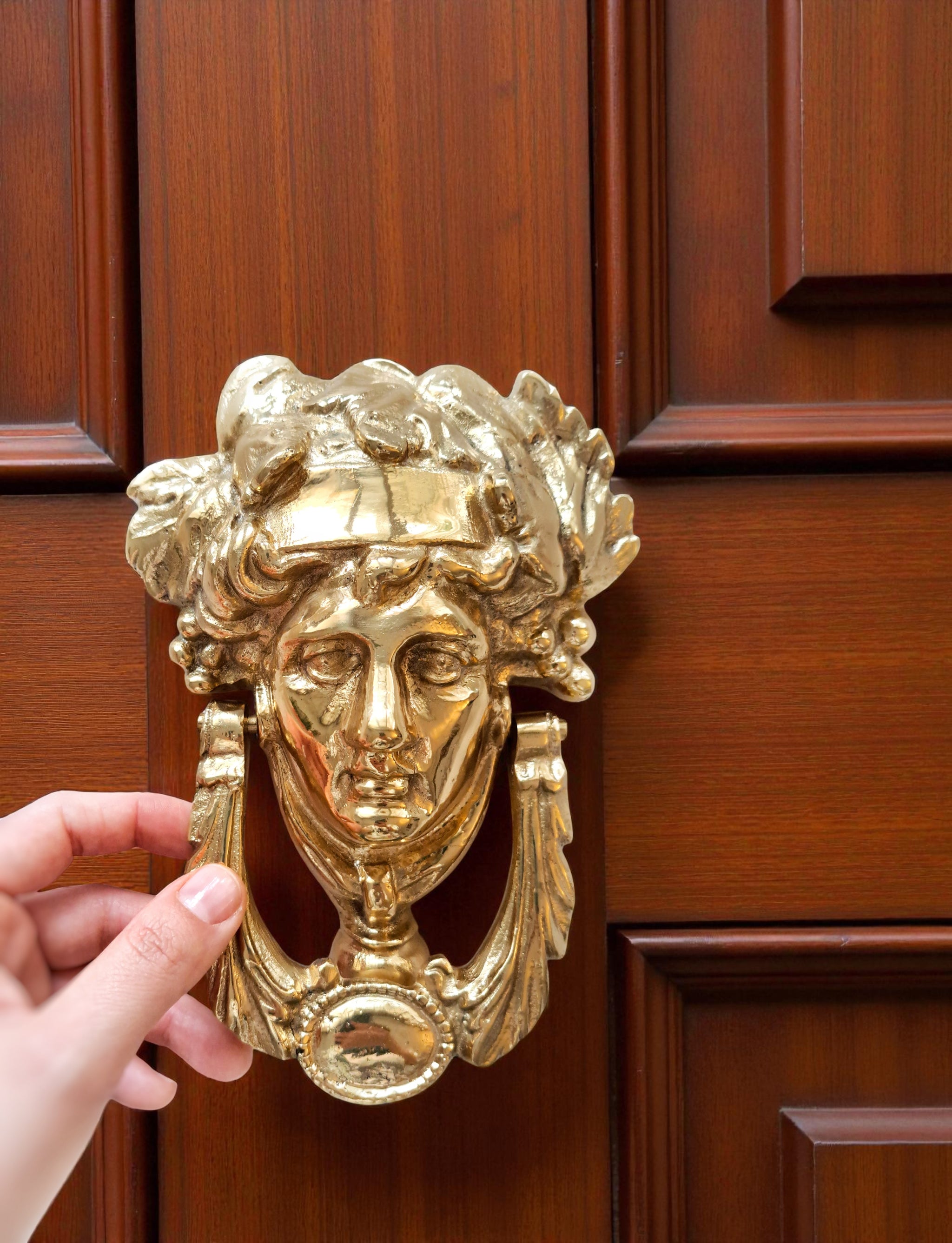 Elegant Grecian Goddess Dionysus Brass Door Knocker – Mirror Gold Finish, 19cm