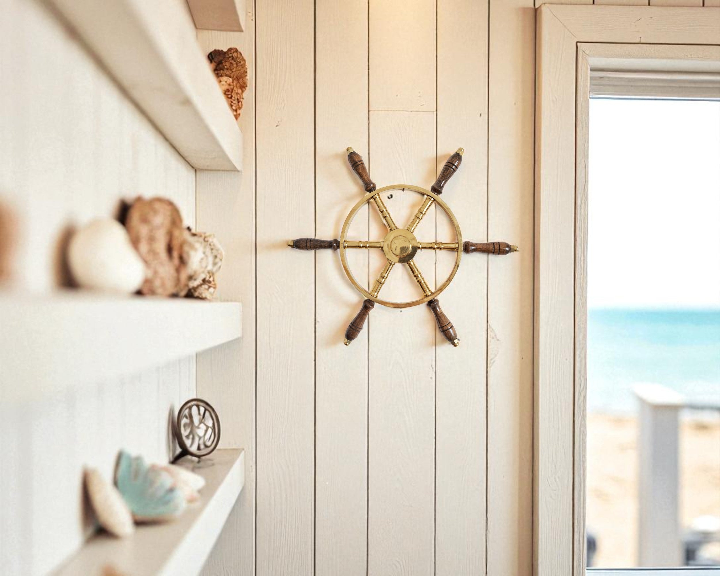 Timón náutico de 37 cm de latón y madera - Decoración costera artesanal para pared
