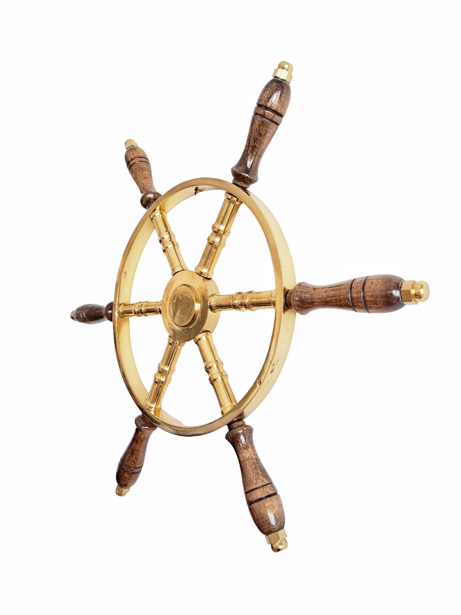 Nautical steering wheel with wooden spokes on a white background