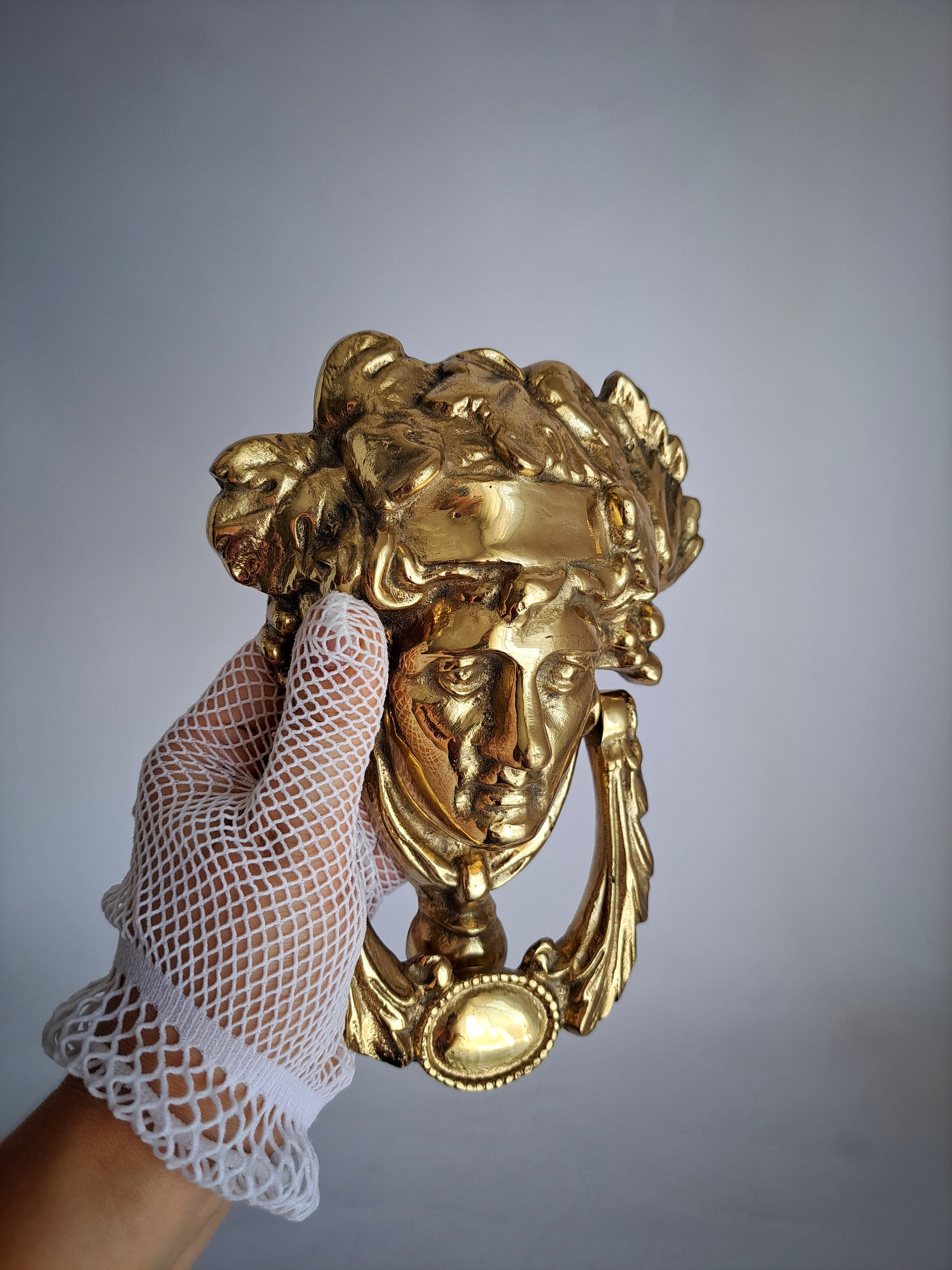 Elegant Grecian Goddess Dionysus Brass Door Knocker – Mirror Gold Finish, 19cm