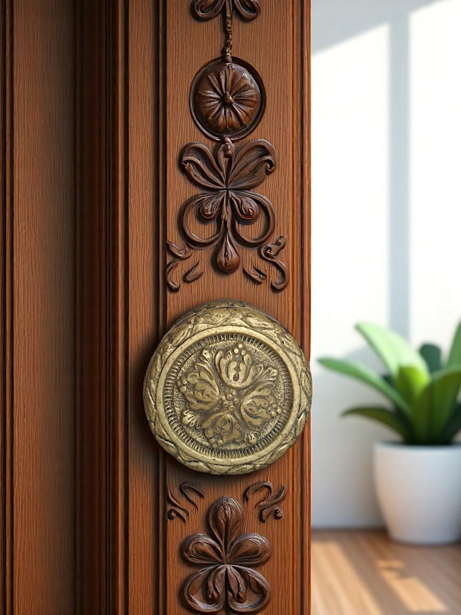 Brass door knob on a wooden door