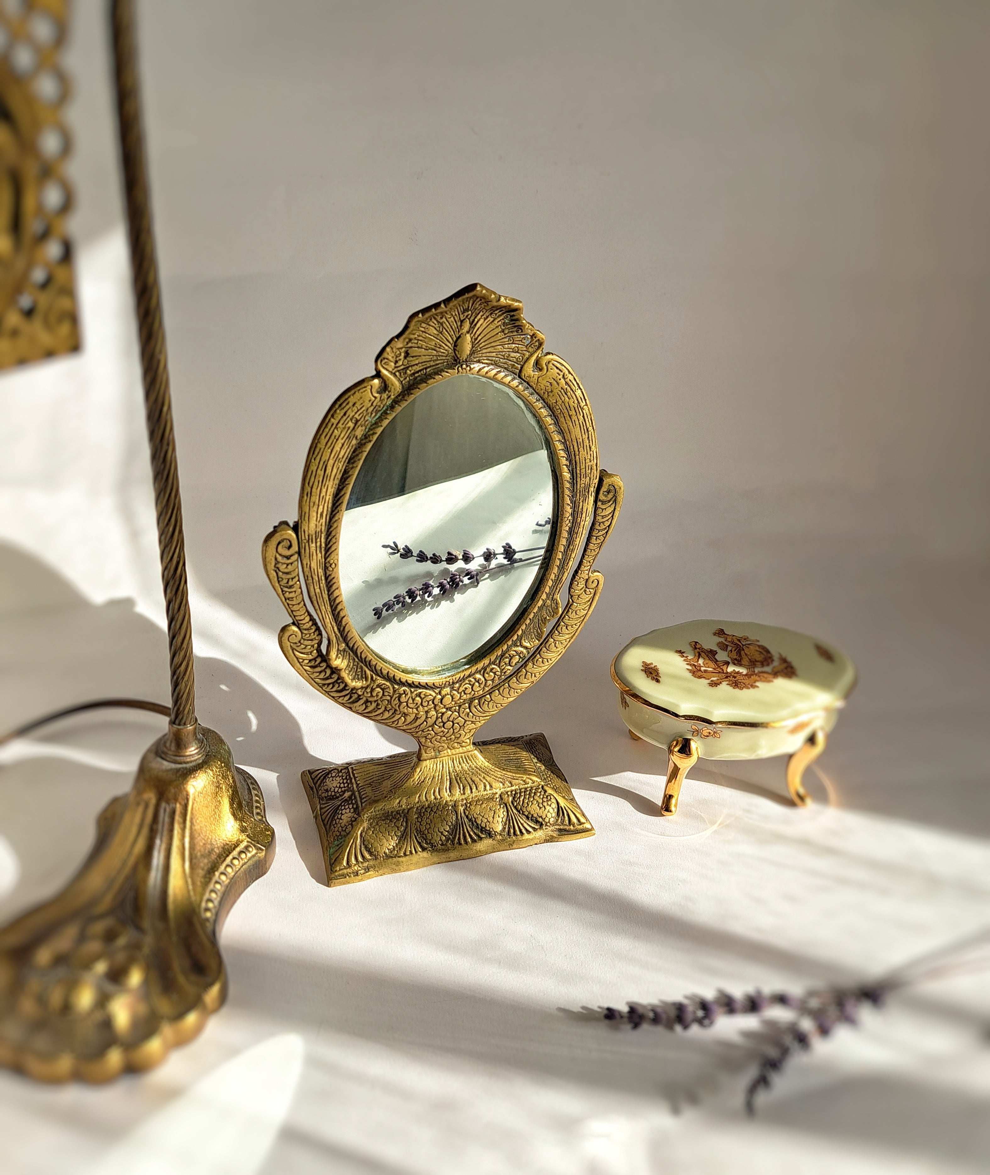 Elegant Gold Brass Vanity Mirror – 25cm, Handcrafted with Peacock and Floral Design