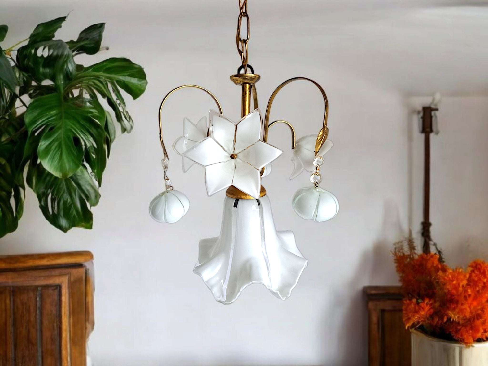 Vintage Murano Glass Chandelier White Flowers Brass Arms 1970s
