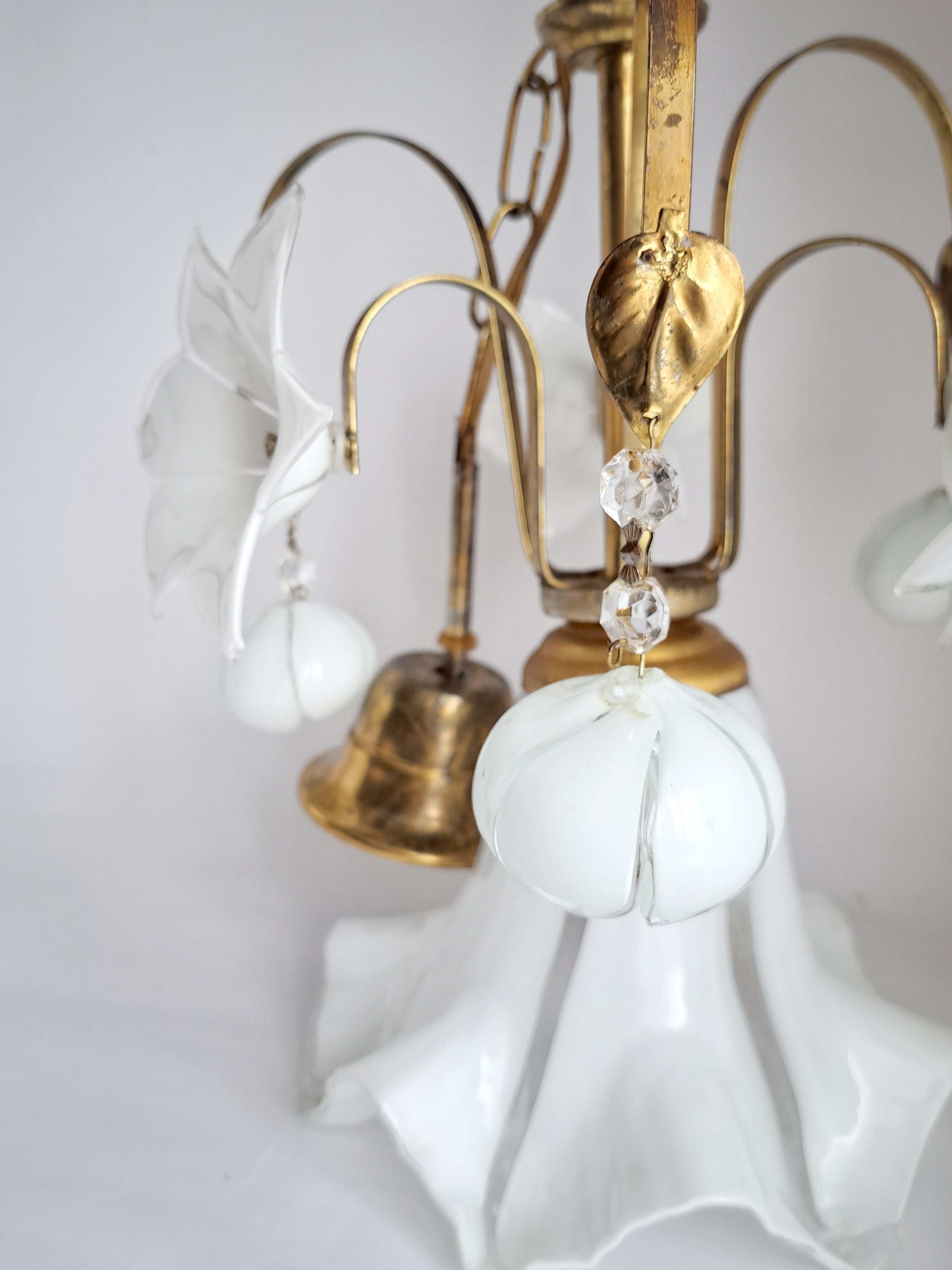 Vintage Murano Glass Chandelier White Flowers Brass Arms 1970s