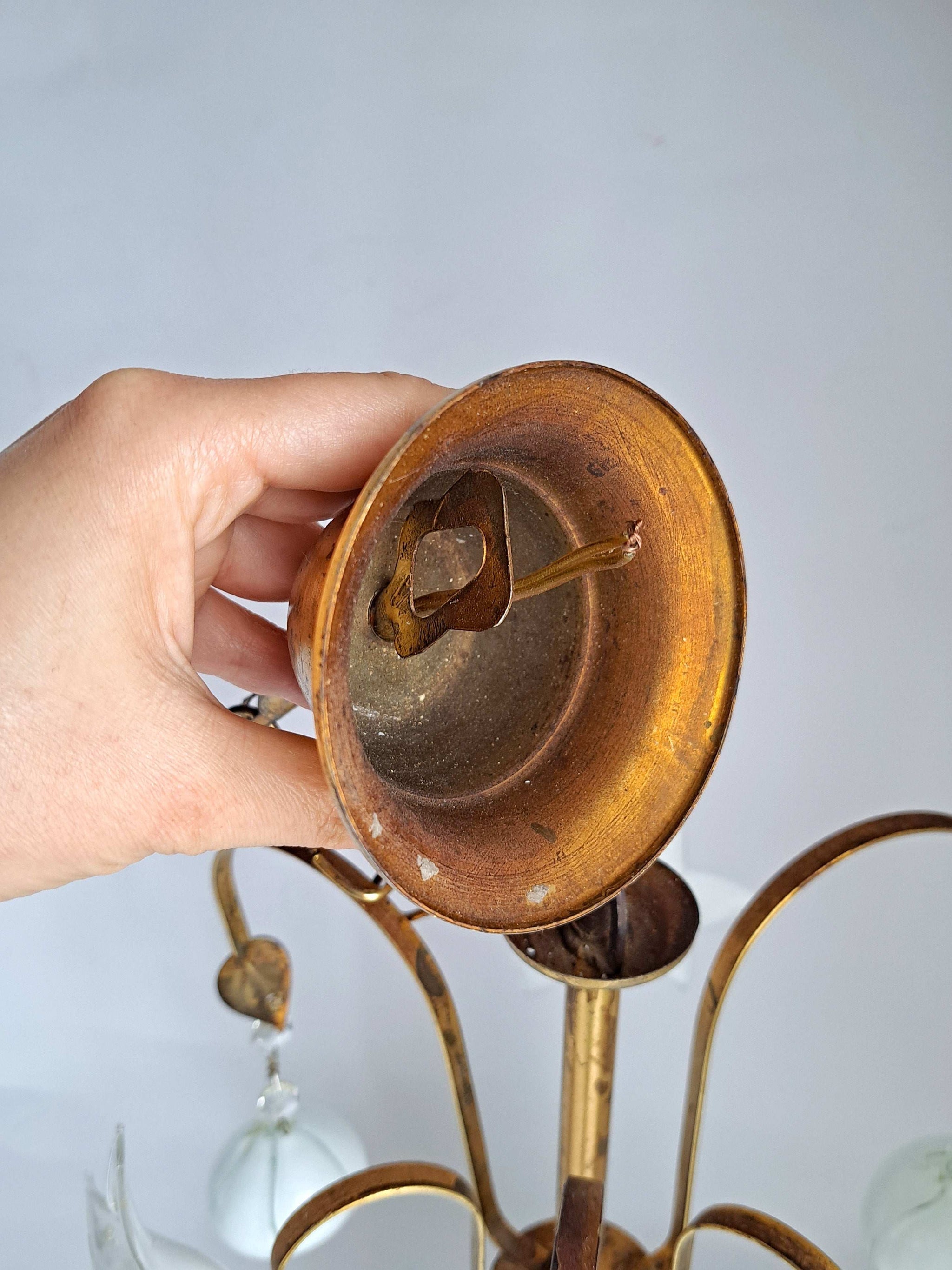 Vintage Murano Glass Chandelier White Flowers Brass Arms 1970s