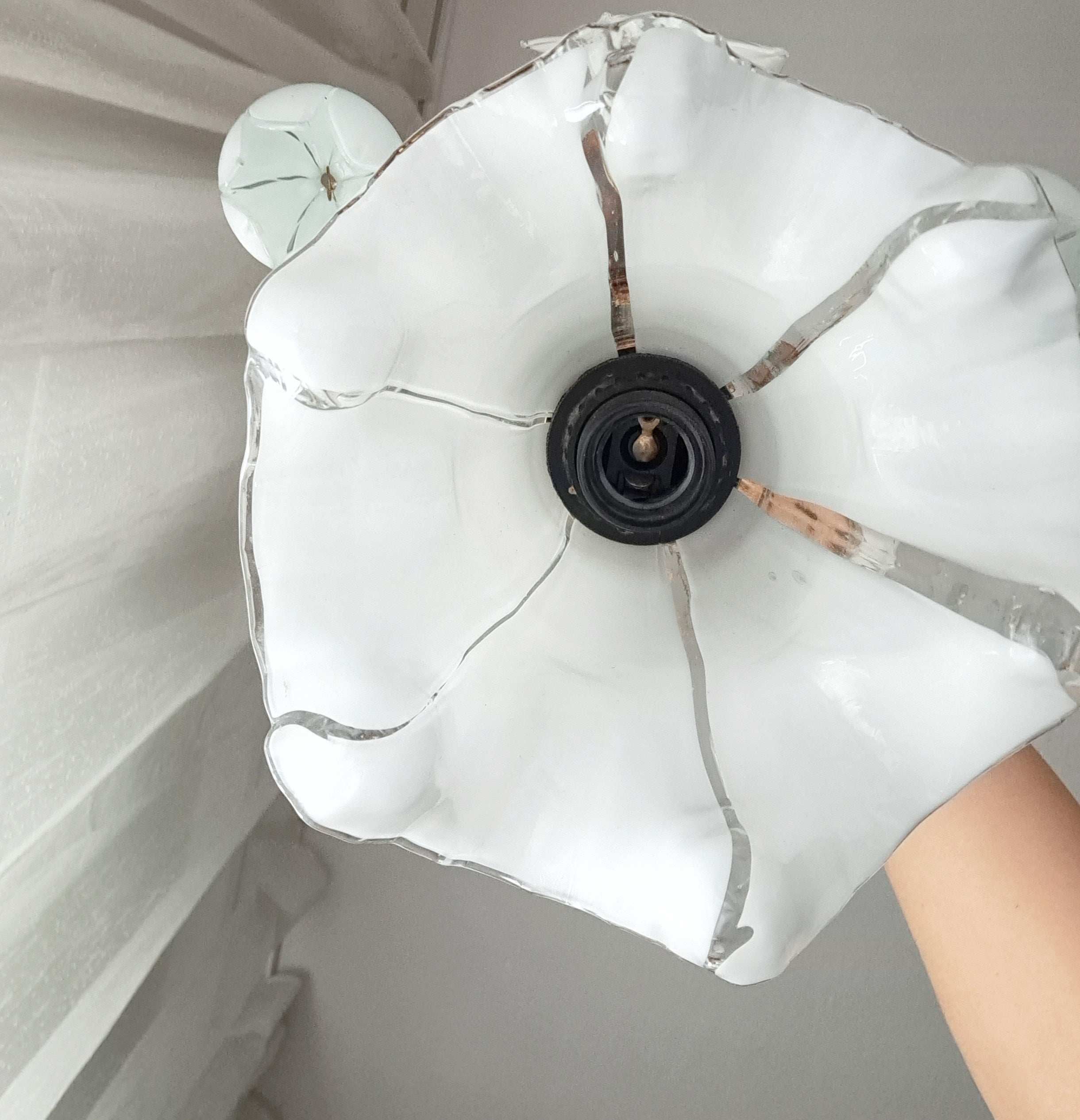 Vintage Murano Glass Chandelier White Flowers Brass Arms 1970s