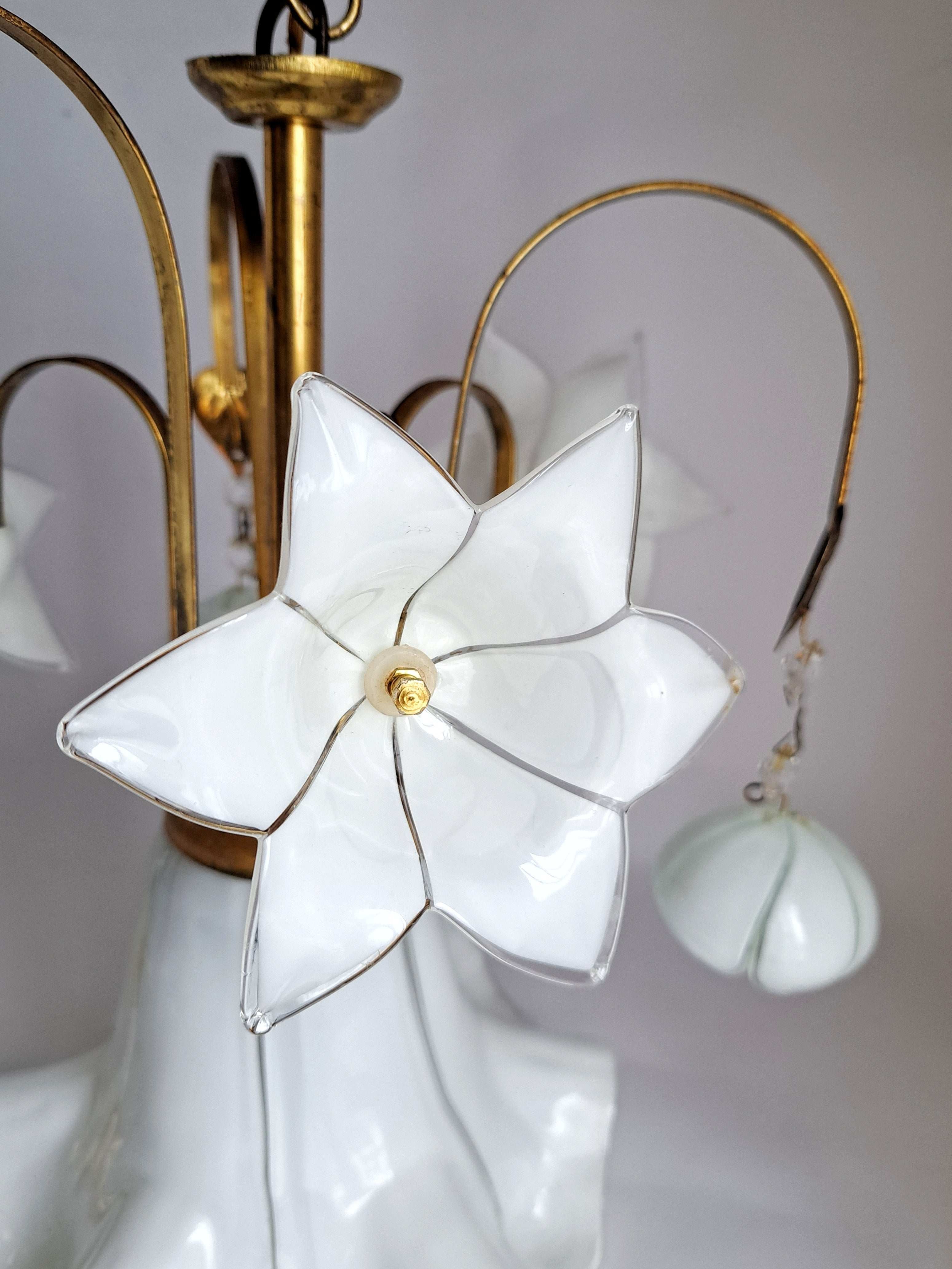 Vintage Murano Glass Chandelier White Flowers Brass Arms 1970s