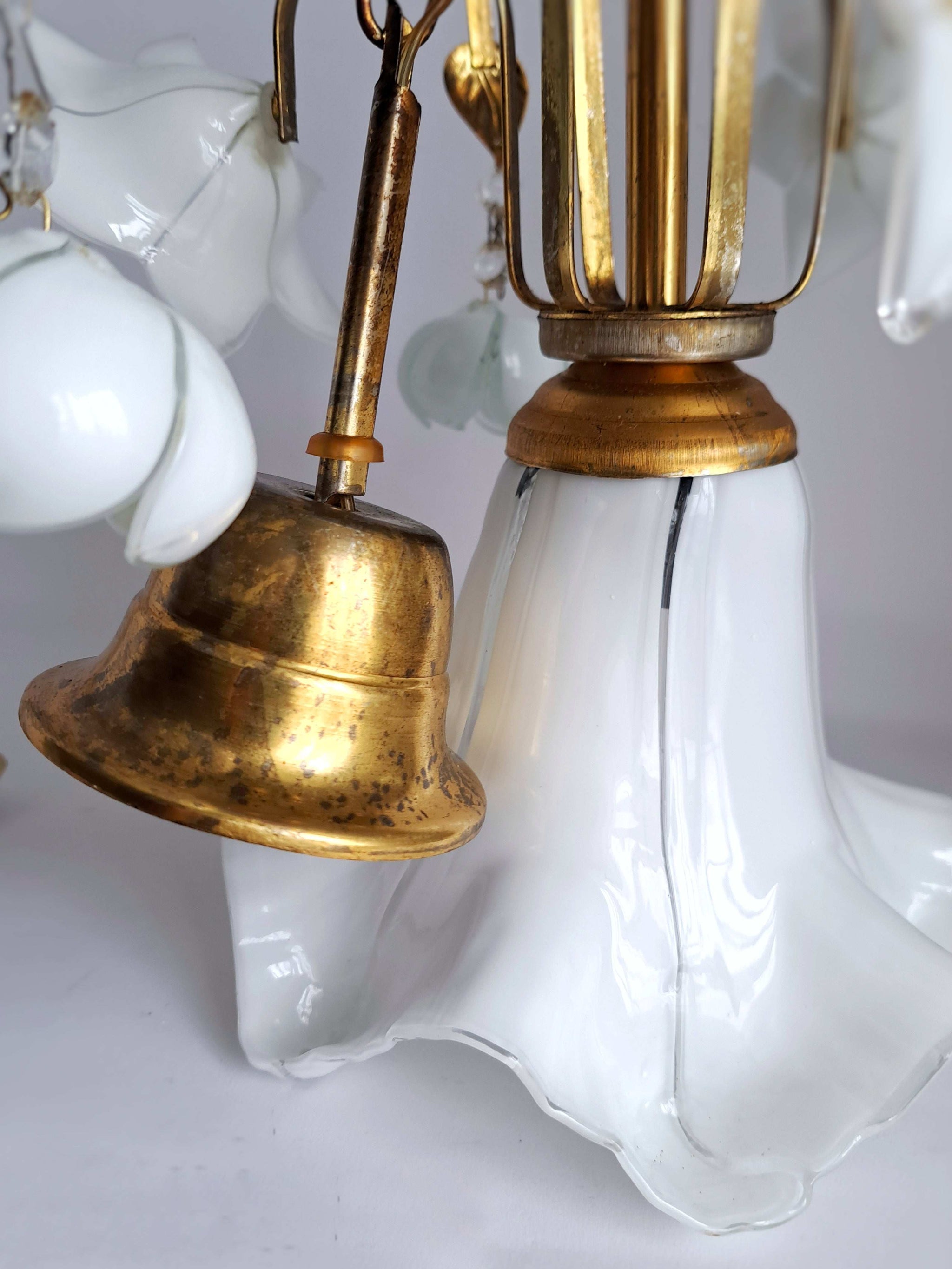 Vintage Murano Glass Chandelier White Flowers Brass Arms 1970s