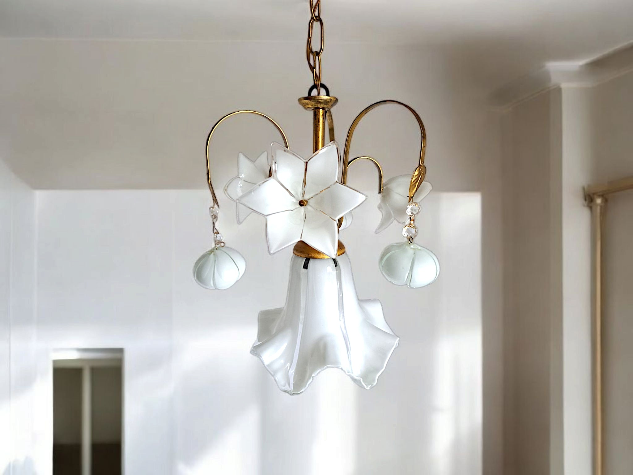 Vintage Murano Glass Chandelier White Flowers Brass Arms 1970s
