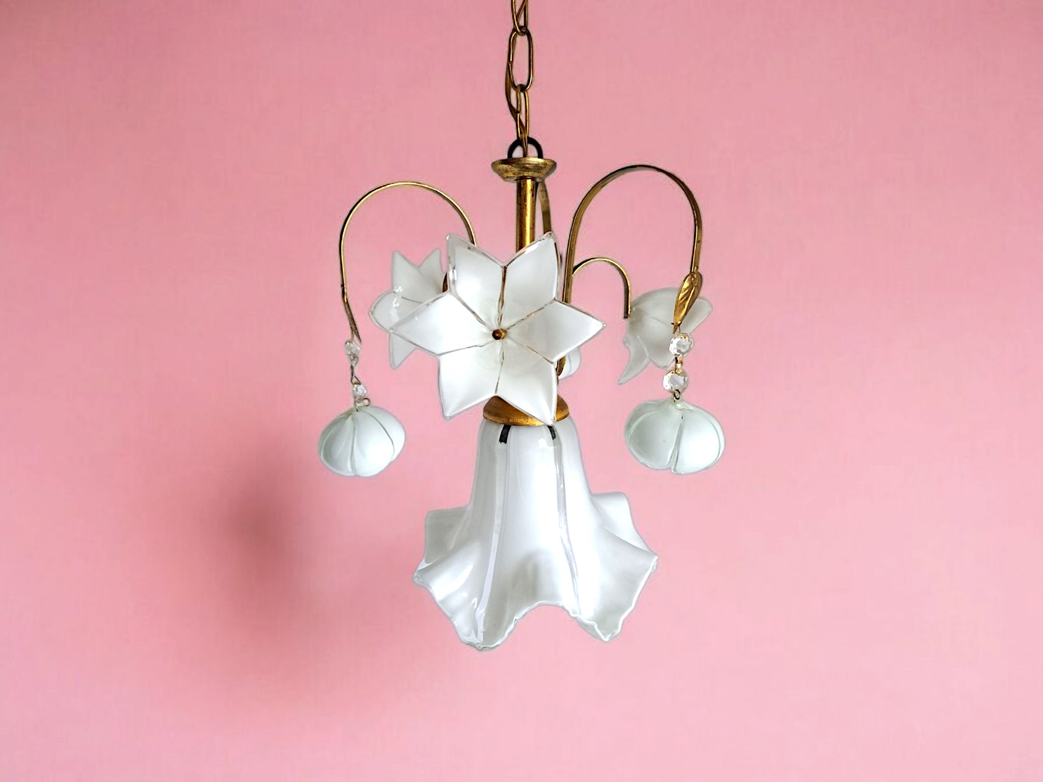 Vintage Murano Glass Chandelier White Flowers Brass Arms 1970s