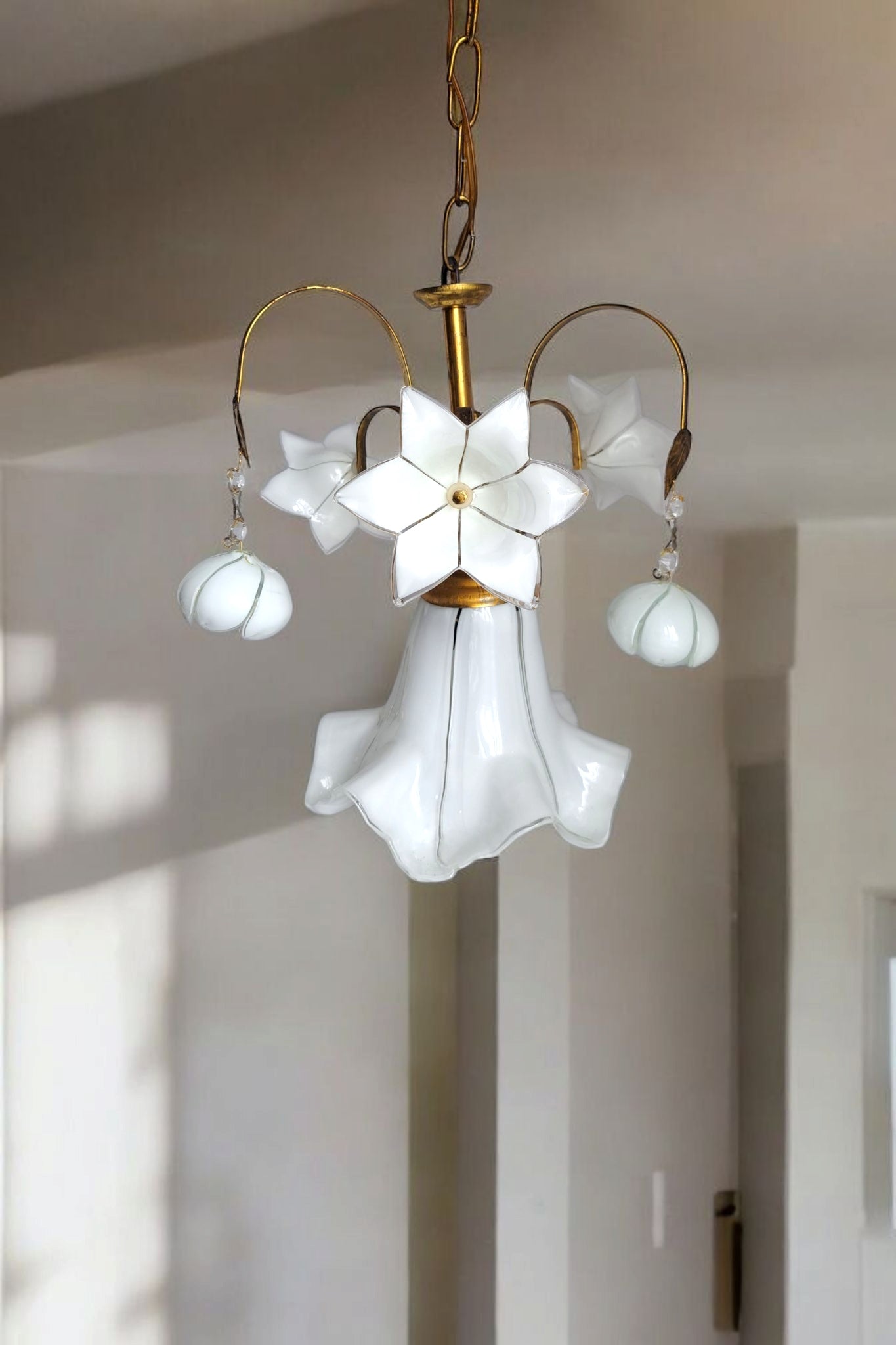 Vintage Murano Glass Chandelier White Flowers Brass Arms 1970s