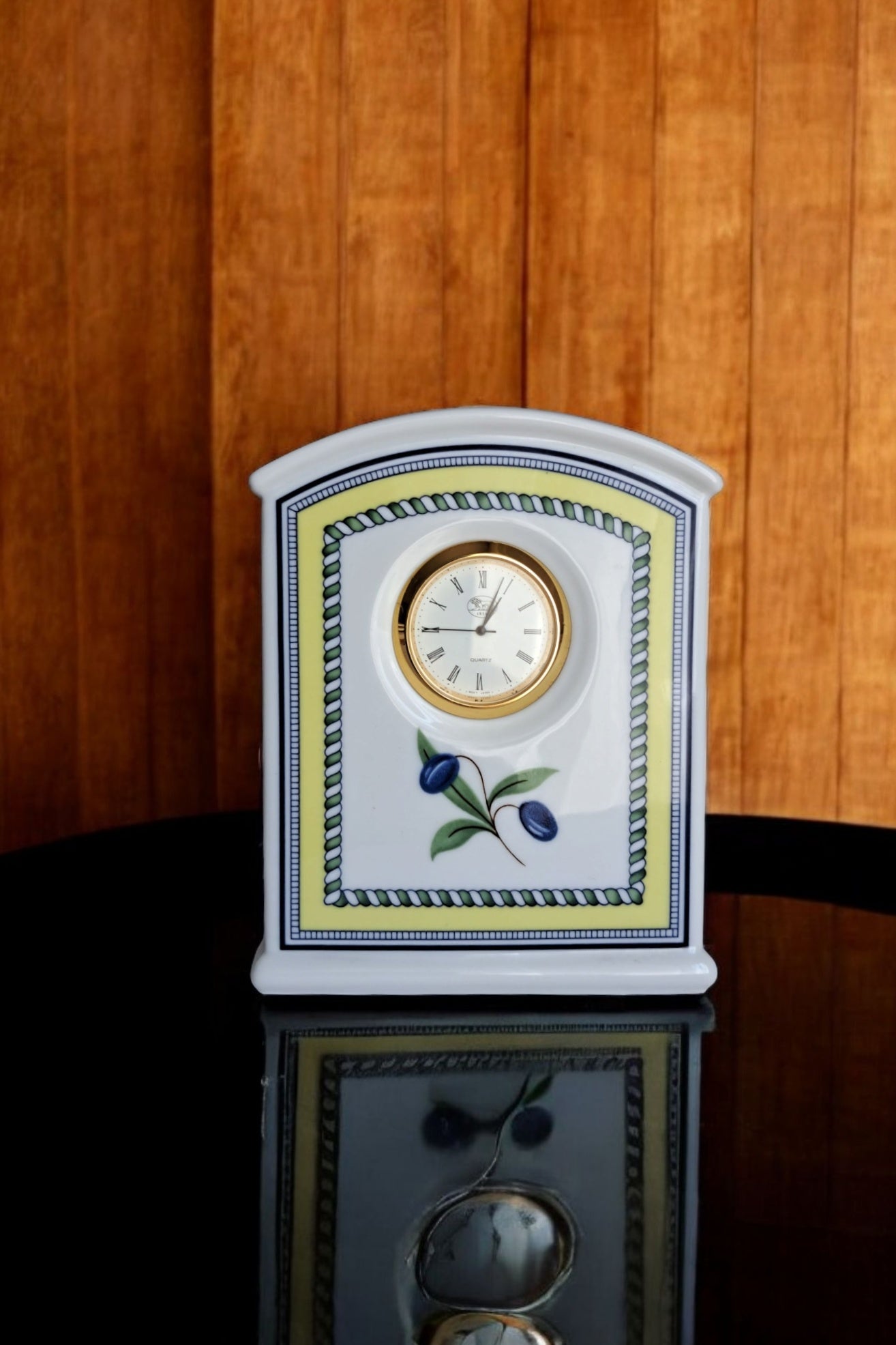 Vintage Hutschenreuther Medley Porcelain Table Clock 12cm - Olive Branch & Fruit Motif
