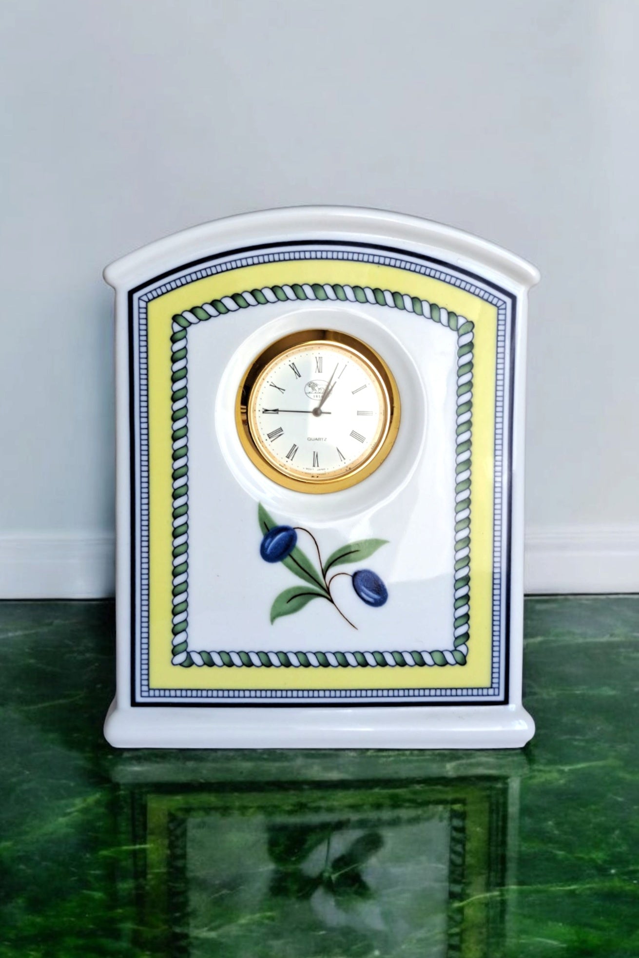 Vintage Hutschenreuther Medley Porcelain Table Clock 12cm - Olive Branch & Fruit Motif