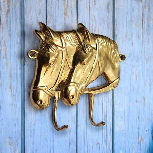 Vintage Brass Horse Head Double Hook - Gold Mirror Finish