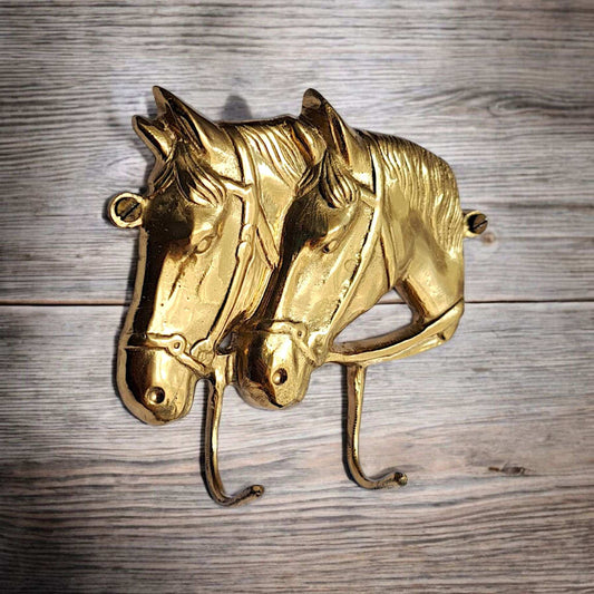 Vintage Brass Horse Head Double Hook - Gold Mirror Finish