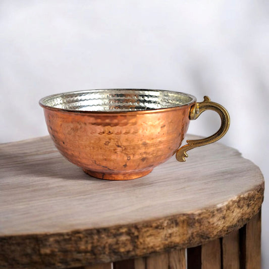 Turkish Hand-Hammered Copper Bowl with Handle – Tin-Lined Vintage Reproduction