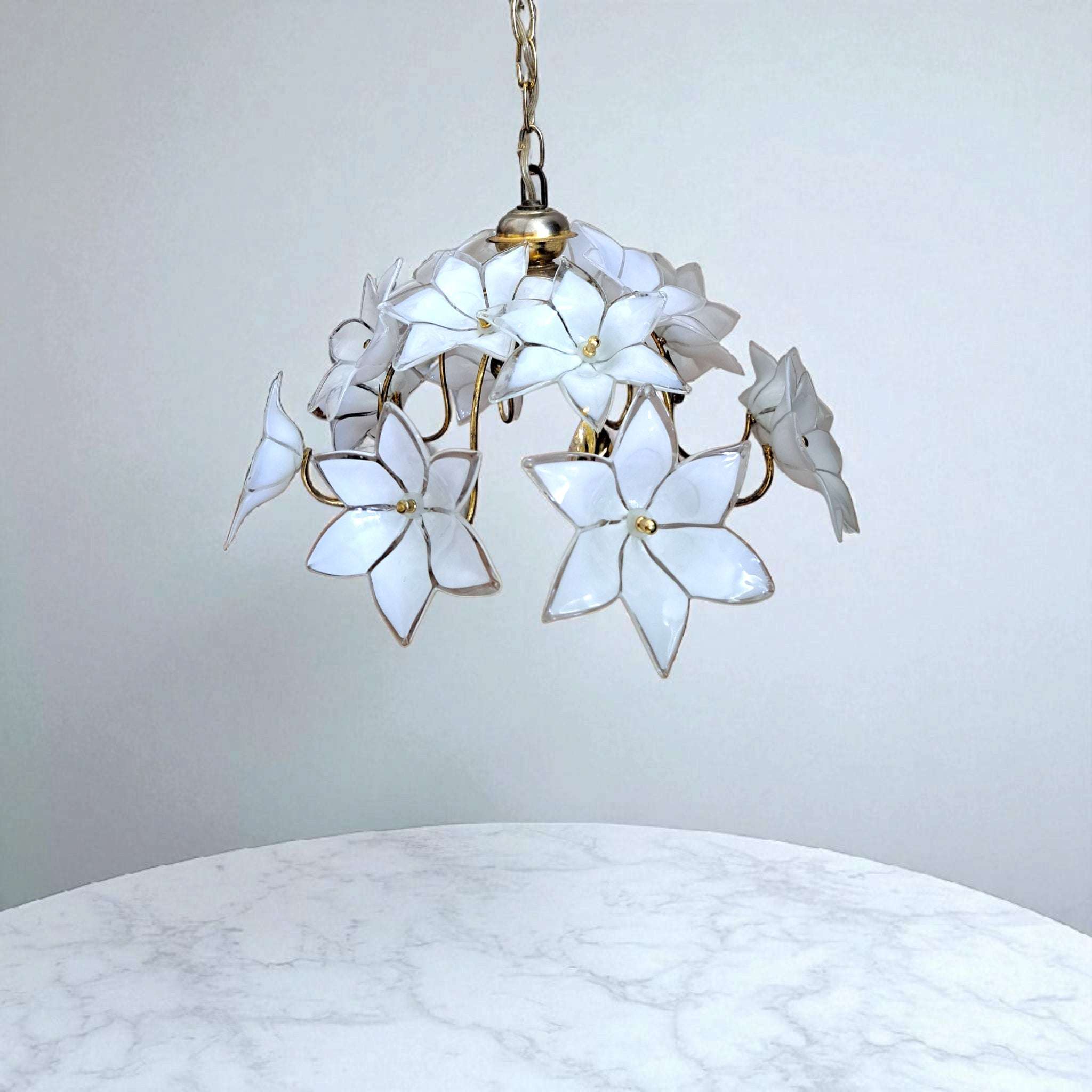 Vintage Murano Glass Chandelier – 1980s Brass Floral Ceiling Light with White Flowers