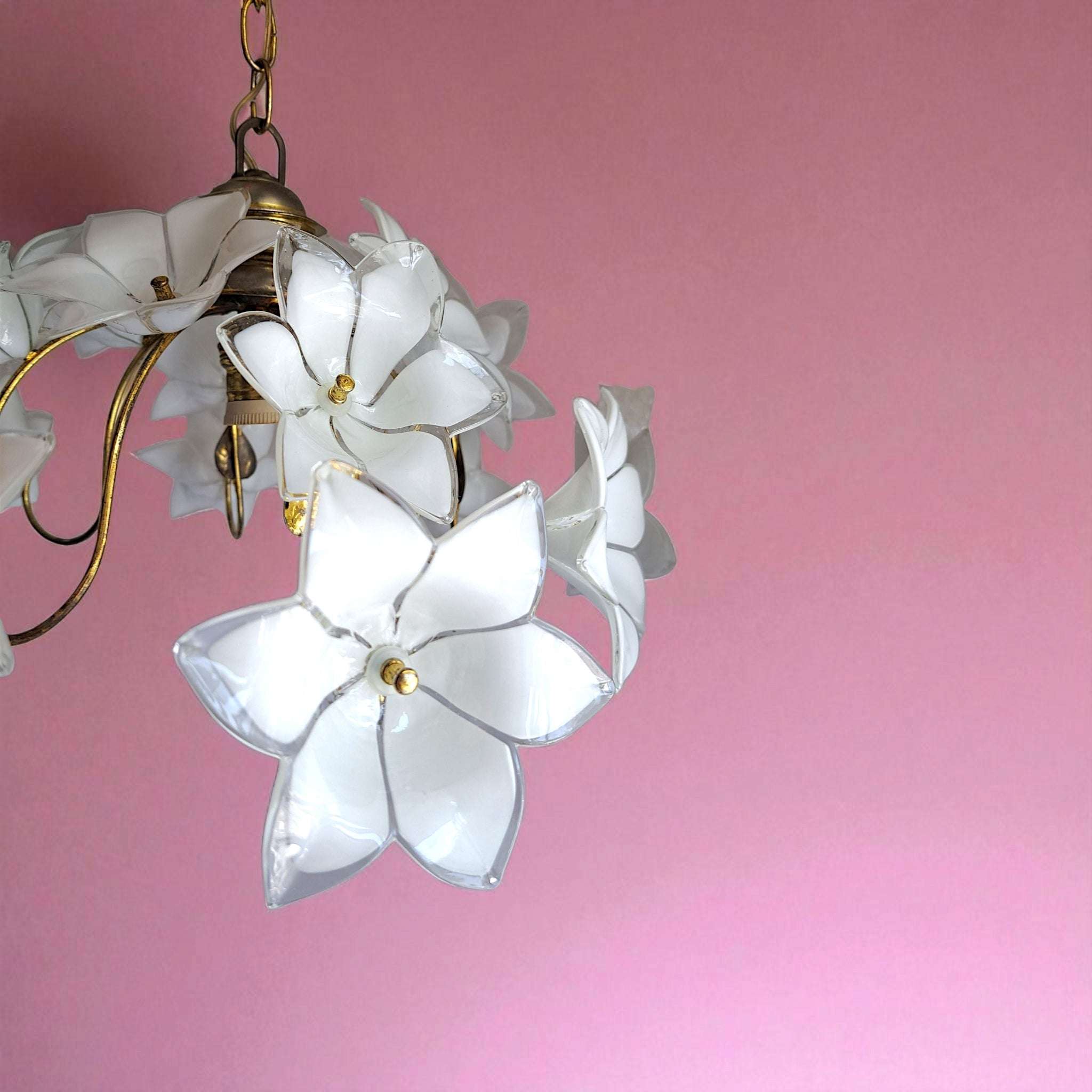 Vintage Murano Glass Chandelier – 1980s Brass Floral Ceiling Light with White Flowers