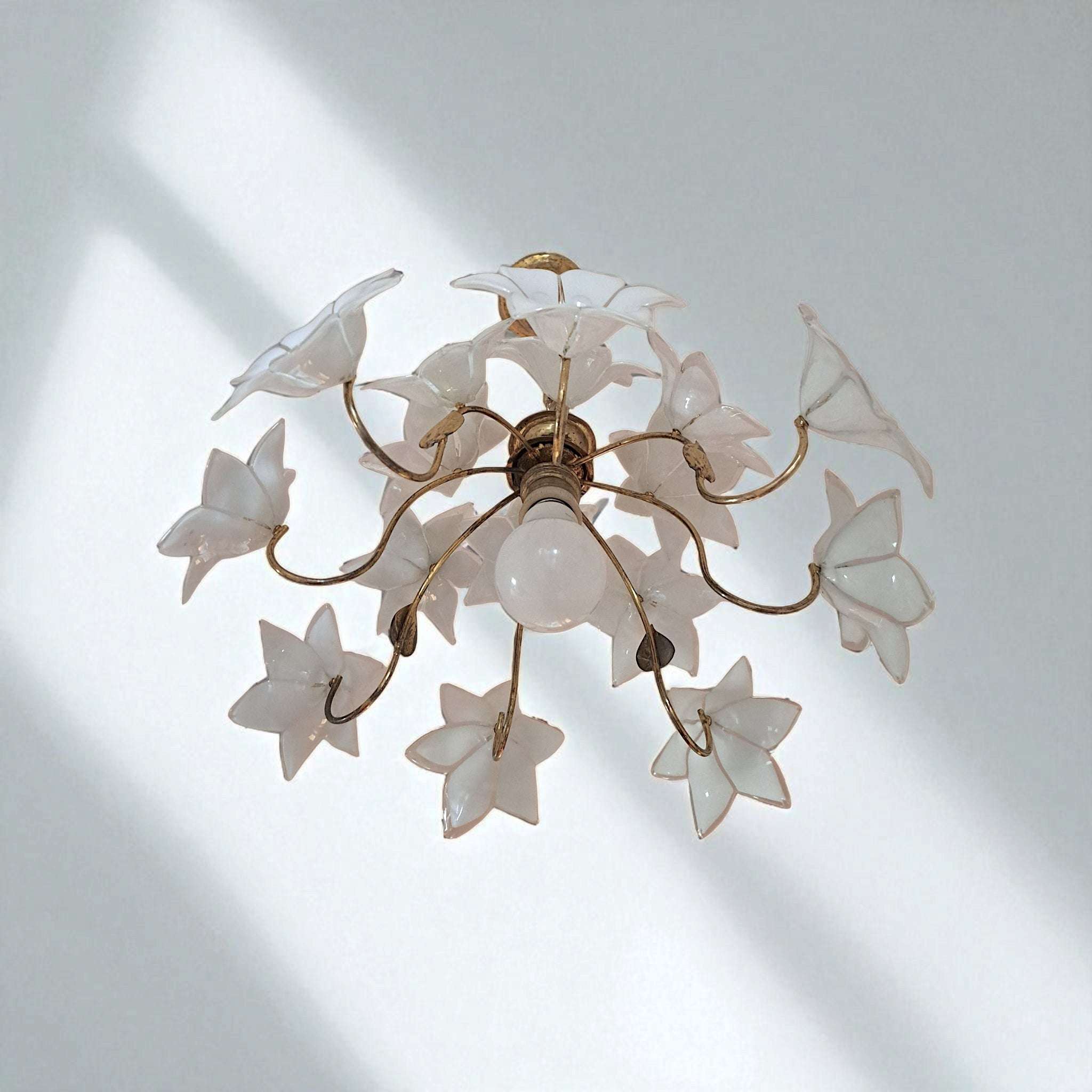 Vintage Murano Glass Chandelier – 1980s Brass Floral Ceiling Light with White Flowers