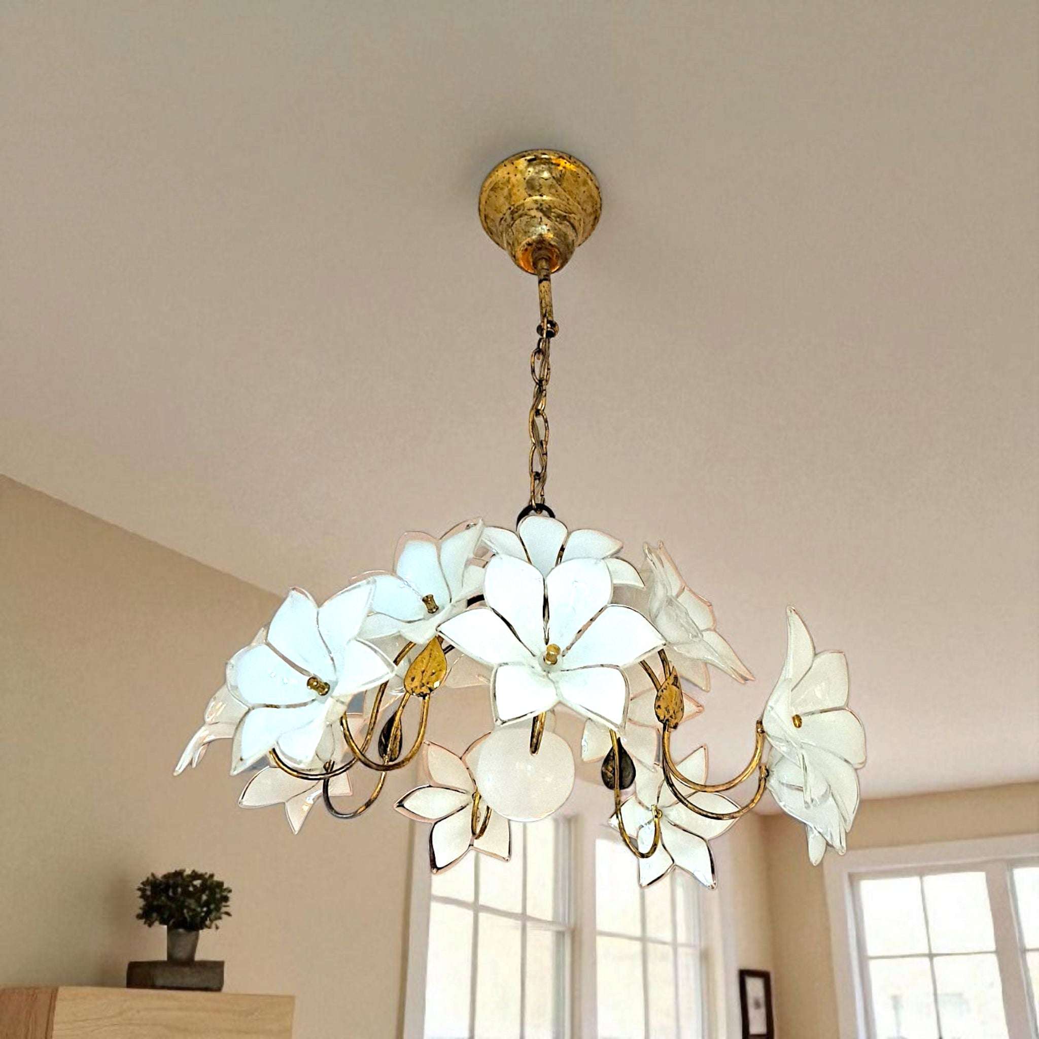 Vintage Murano Glass Chandelier – 1980s Brass Floral Ceiling Light with White Flowers