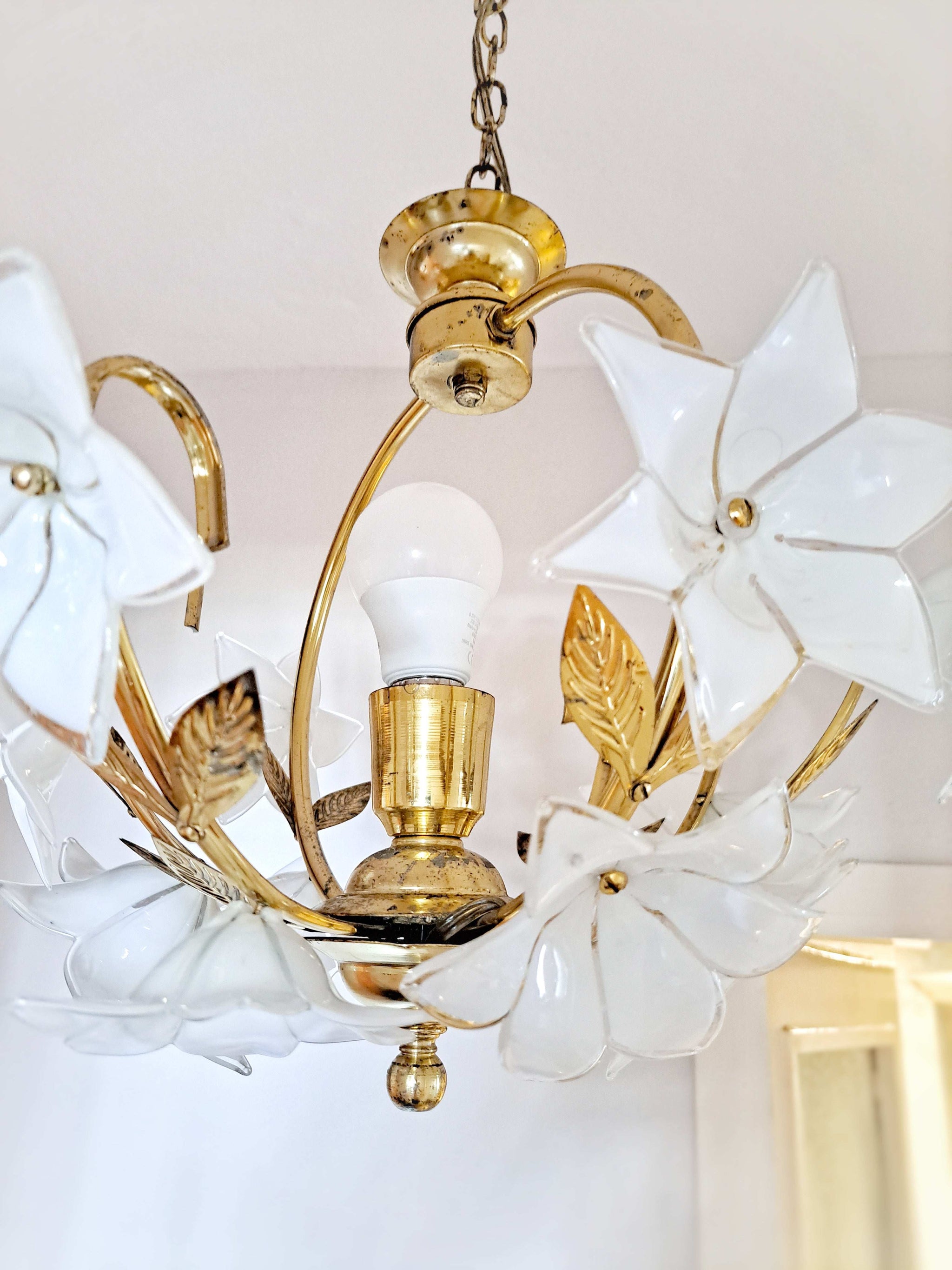 Vintage Murano Glass Floral Chandelier Brass 63cm/24.8in