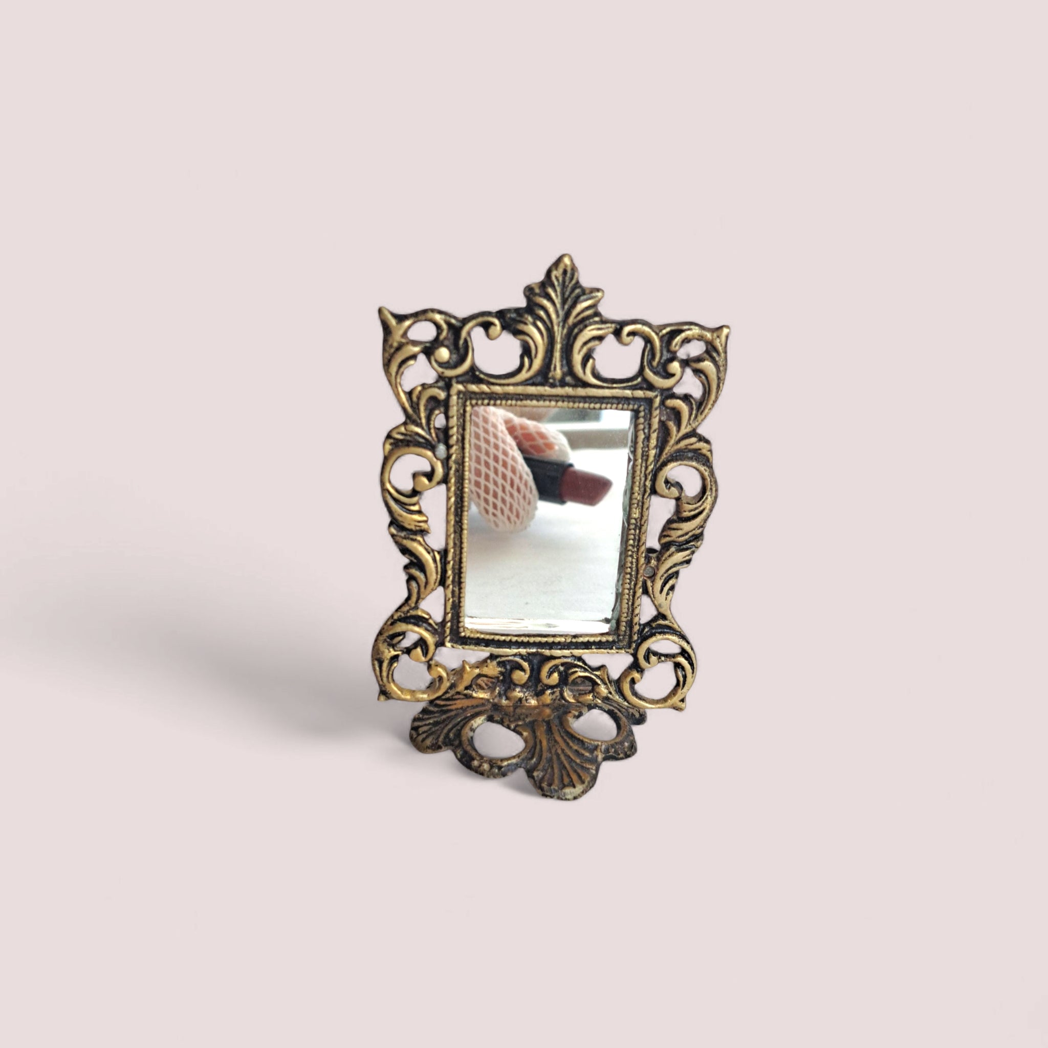 Vintage Gold Brass Tabletop Vanity Mirror, 10cm/3.94in Ornate Compact Decor