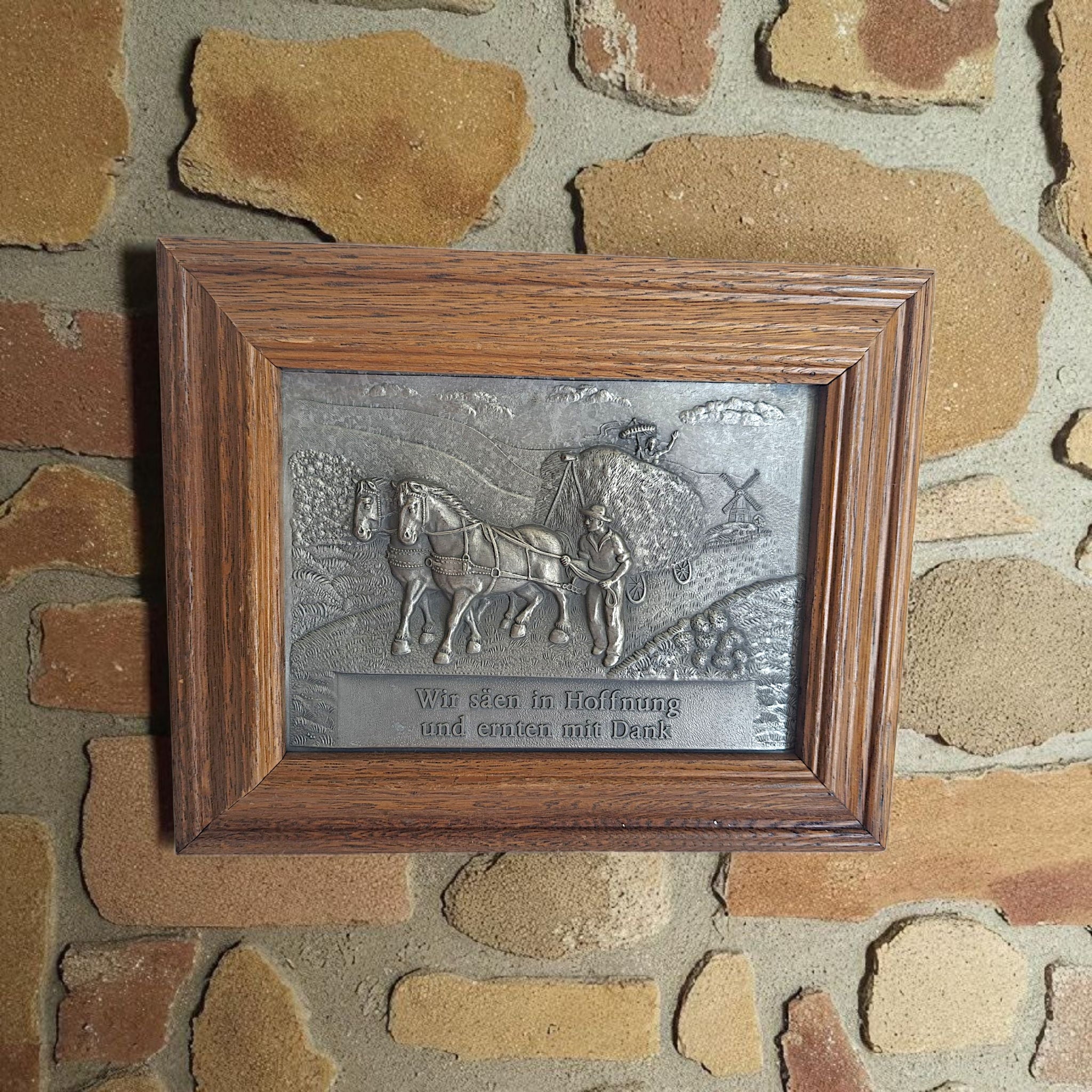 Vintage Frieling Zinn Pewter Relief Wall Plaque - German Harvest Scene with Horses, Farmer & Goethe Quote, Oak Framed Rustic Decor