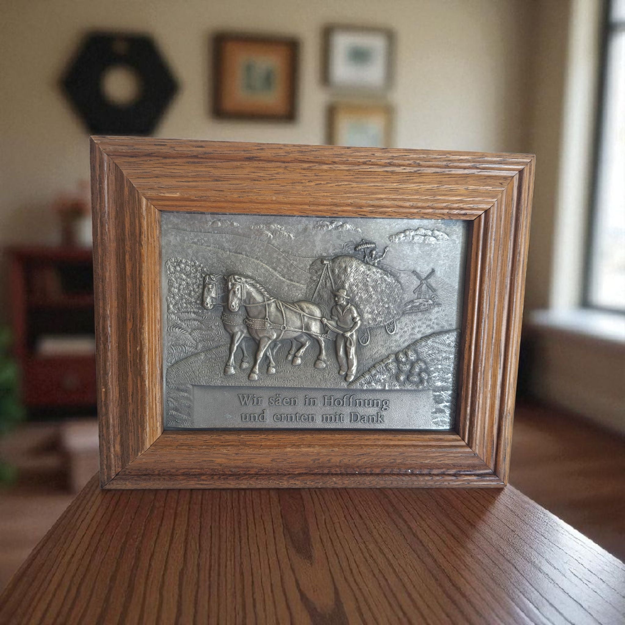 Vintage Frieling Zinn Pewter Relief Wall Plaque - German Harvest Scene with Horses, Farmer & Goethe Quote, Oak Framed Rustic Decor