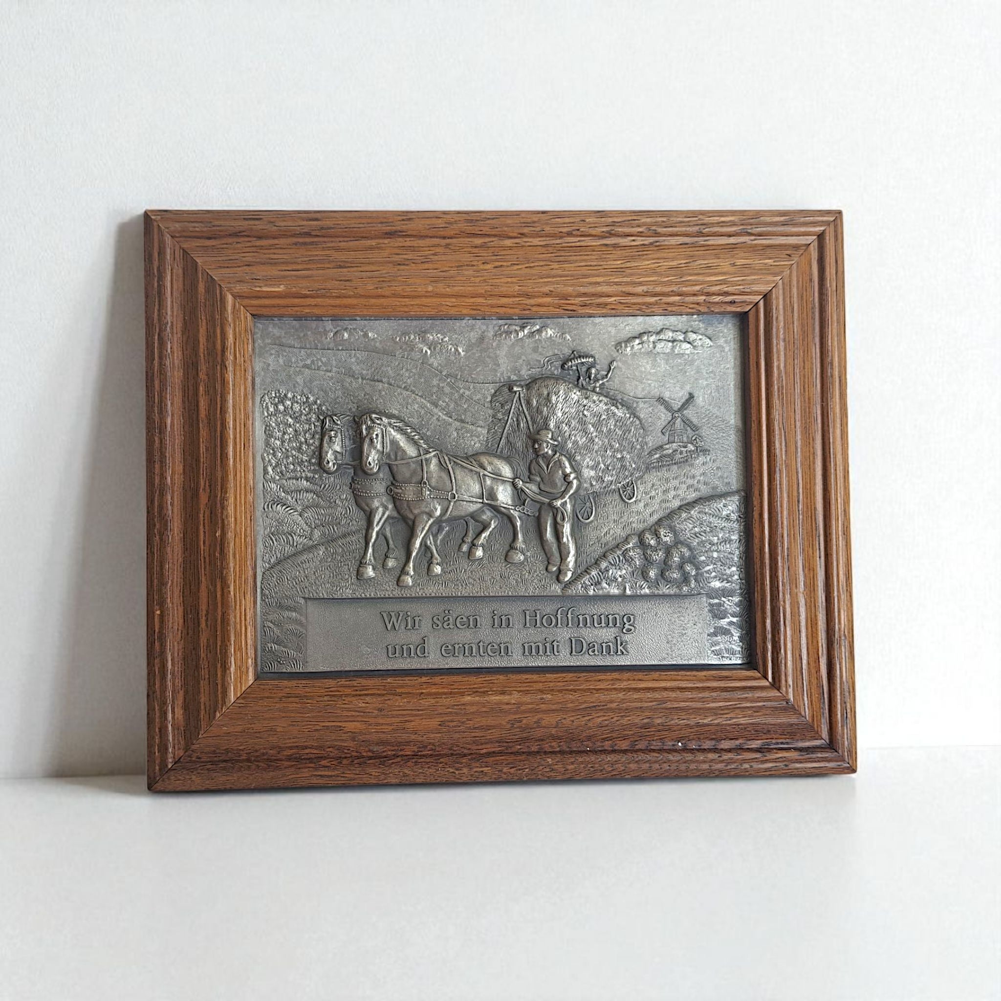 Vintage Frieling Zinn Pewter Relief Wall Plaque - German Harvest Scene with Horses, Farmer & Goethe Quote, Oak Framed Rustic Decor