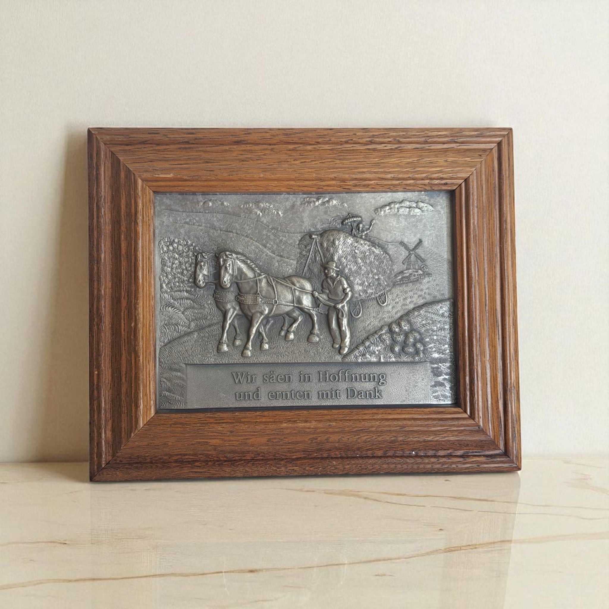 Vintage Frieling Zinn Pewter Relief Wall Plaque - German Harvest Scene with Horses, Farmer & Goethe Quote, Oak Framed Rustic Decor