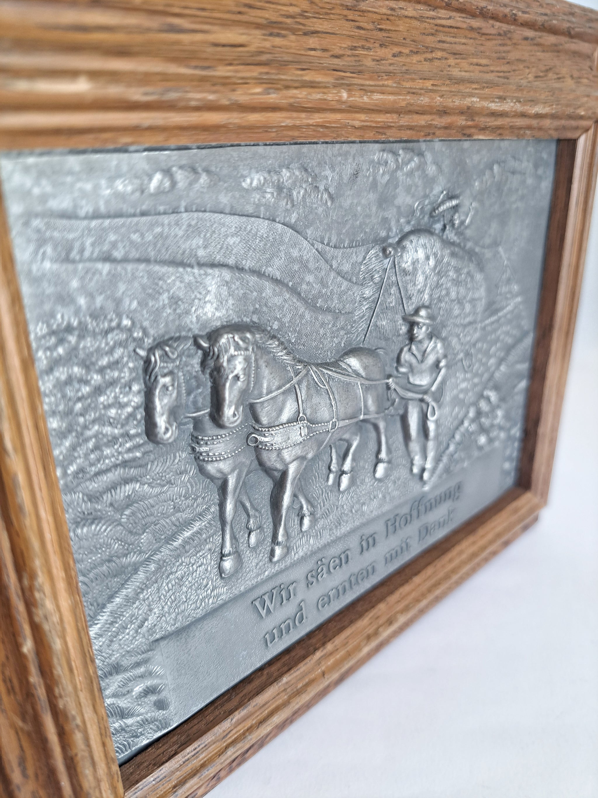 Vintage Frieling Zinn Pewter Relief Wall Plaque - German Harvest Scene with Horses, Farmer & Goethe Quote, Oak Framed Rustic Decor