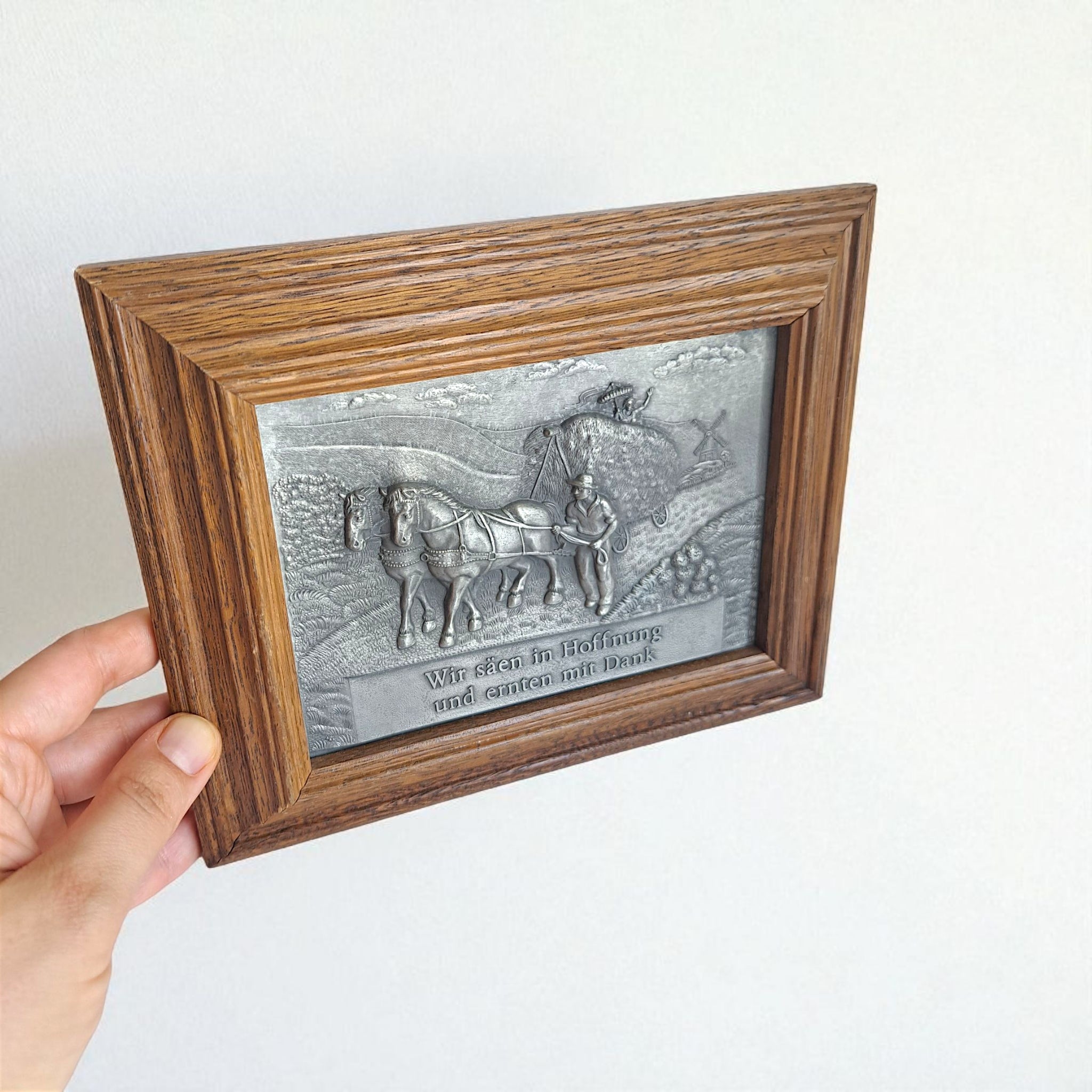 Vintage Frieling Zinn Pewter Relief Wall Plaque - German Harvest Scene with Horses, Farmer & Goethe Quote, Oak Framed Rustic Decor