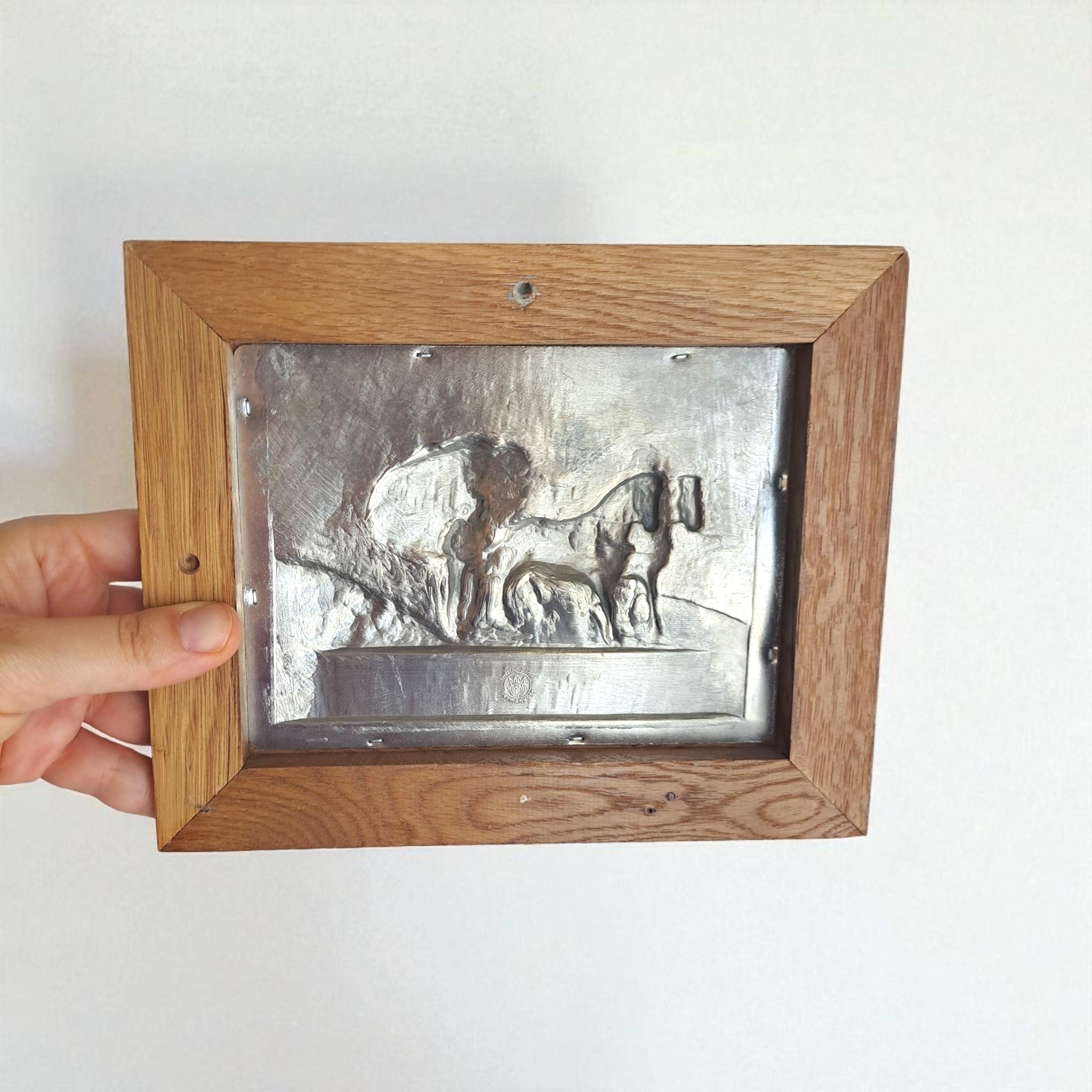 Vintage Frieling Zinn Pewter Relief Wall Plaque - German Harvest Scene with Horses, Farmer & Goethe Quote, Oak Framed Rustic Decor