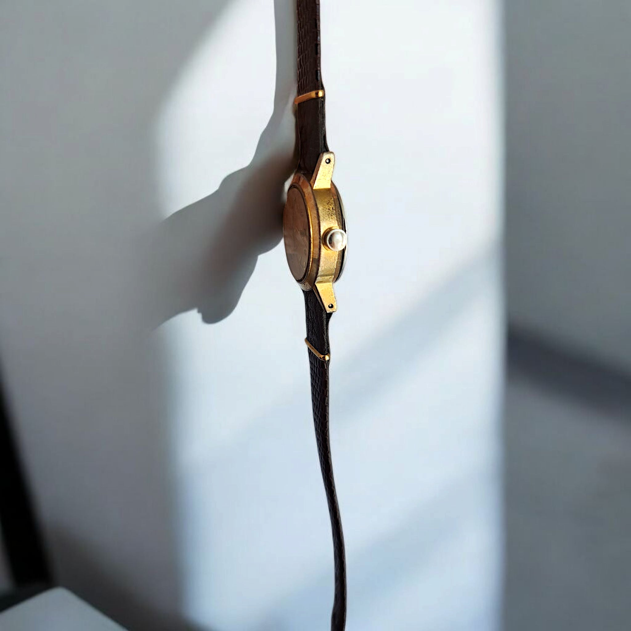 Vintage Orient Women Wrist Watch, Gold Case, Brown Leather Strap