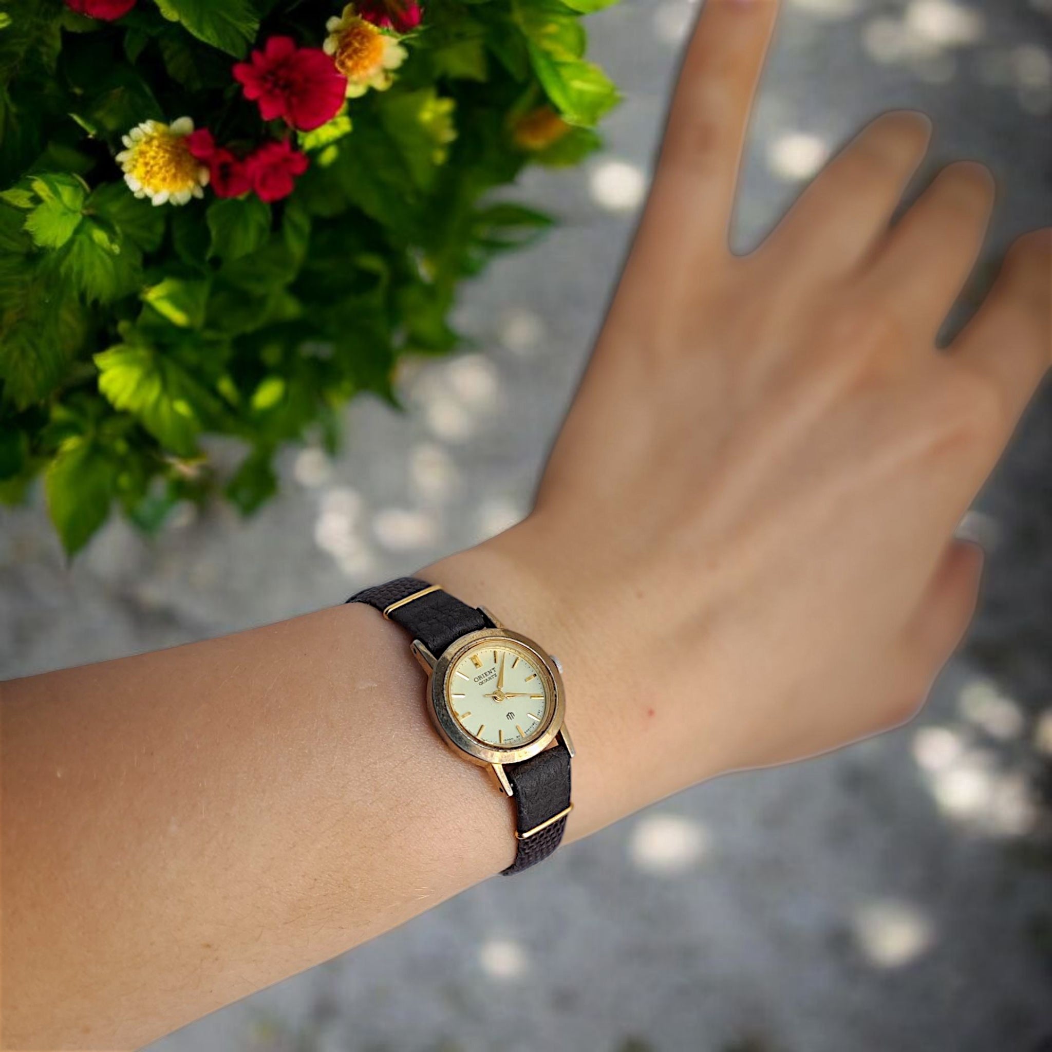 Vintage Orient Women Wrist Watch, Gold Case, Brown Leather Strap