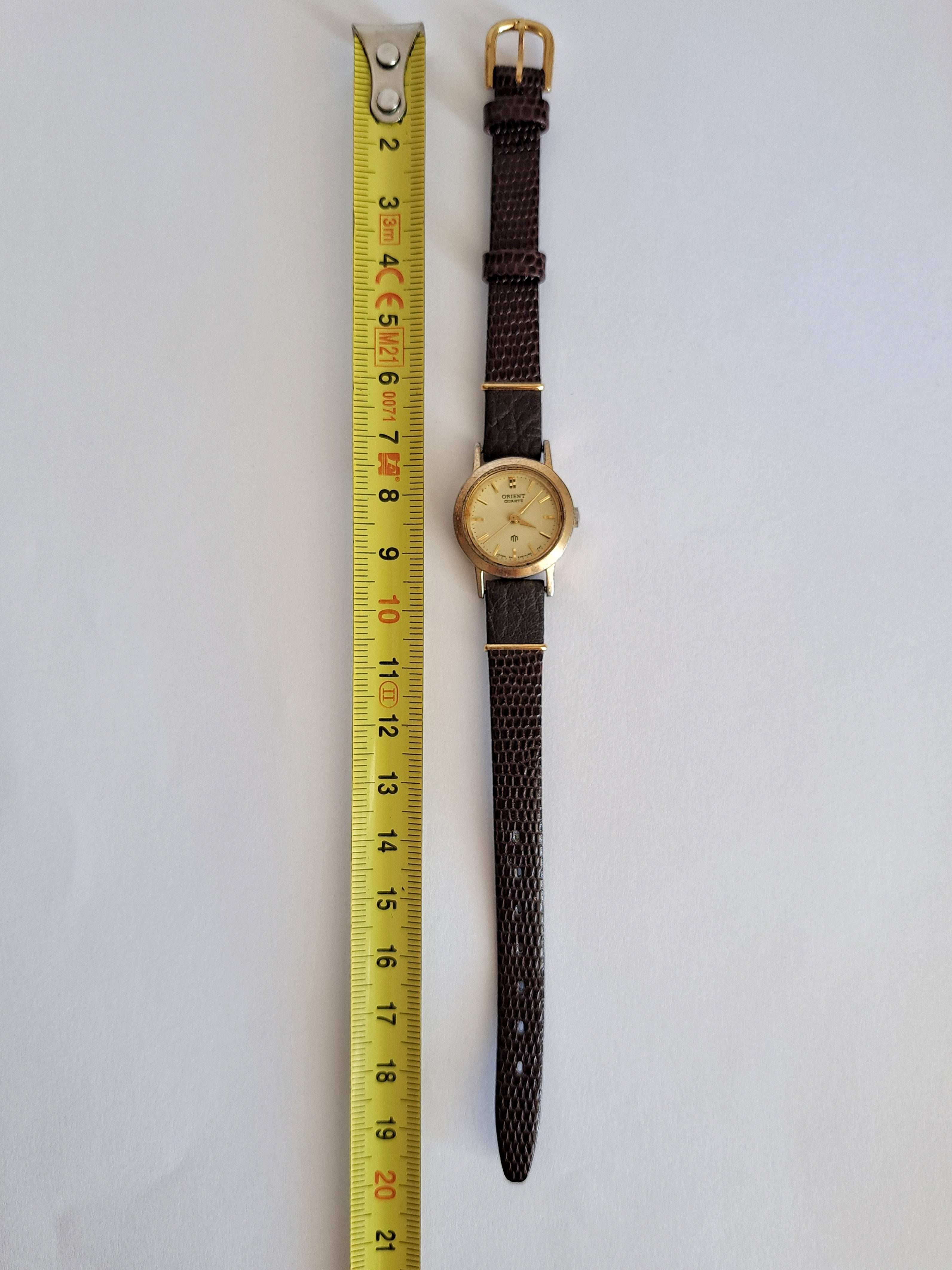 Vintage Orient Women Wrist Watch, Gold Case, Brown Leather Strap