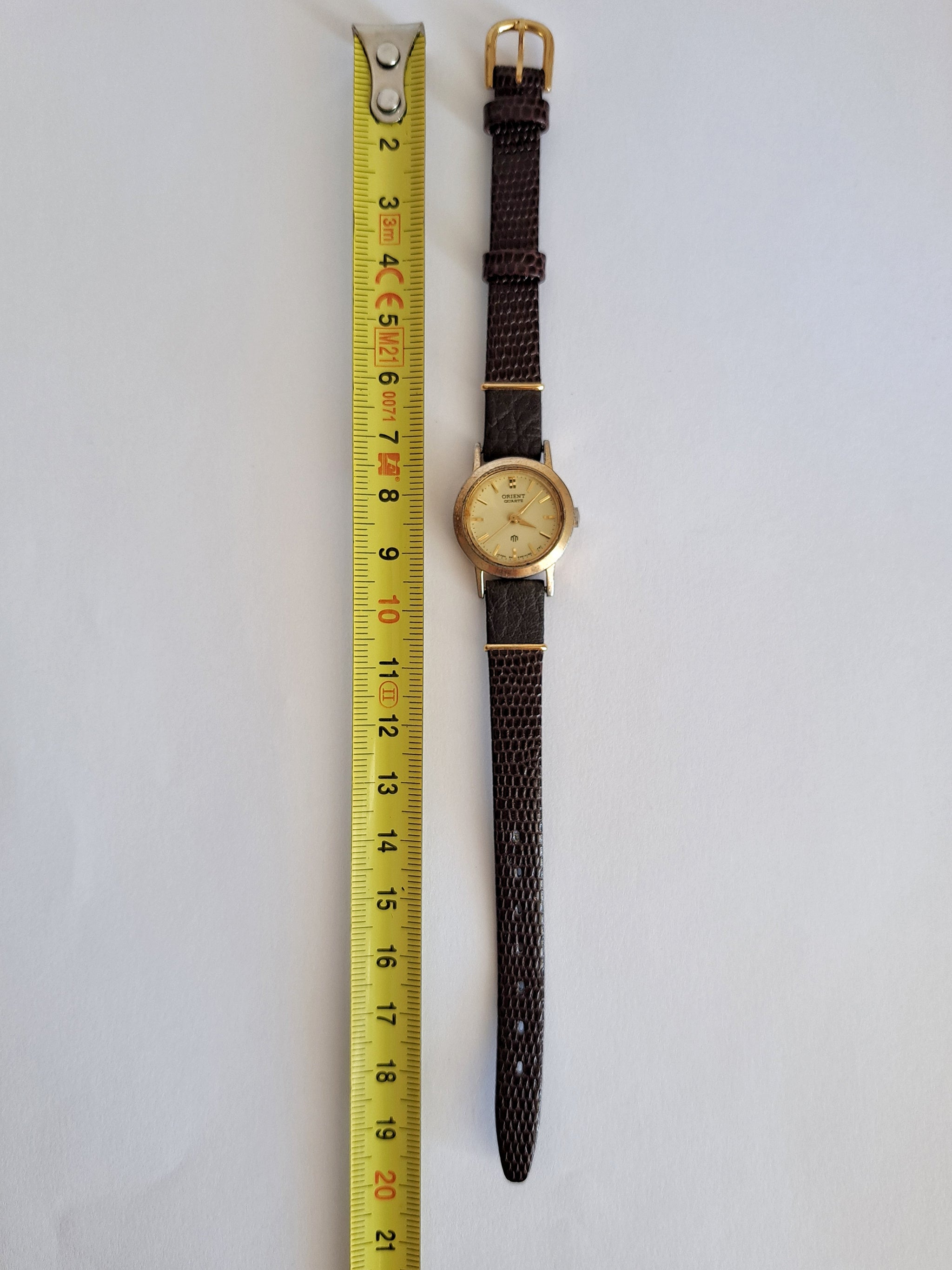 Vintage Orient Women Wrist Watch, Gold Case, Brown Leather Strap