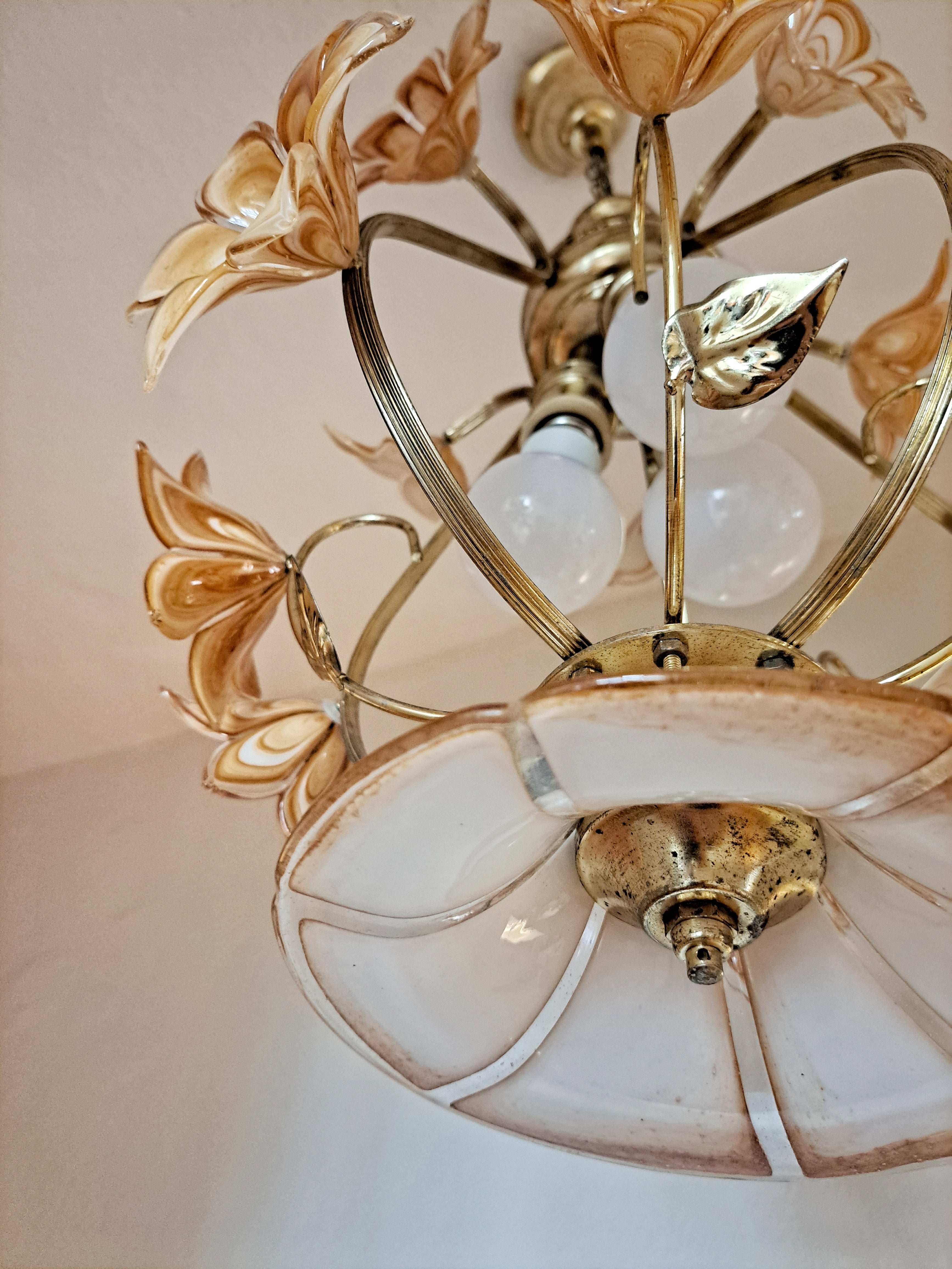 Vintage Caramel Murano Glass Flowers Chandelier 3-Light 1970s Italian Lighting Fixture