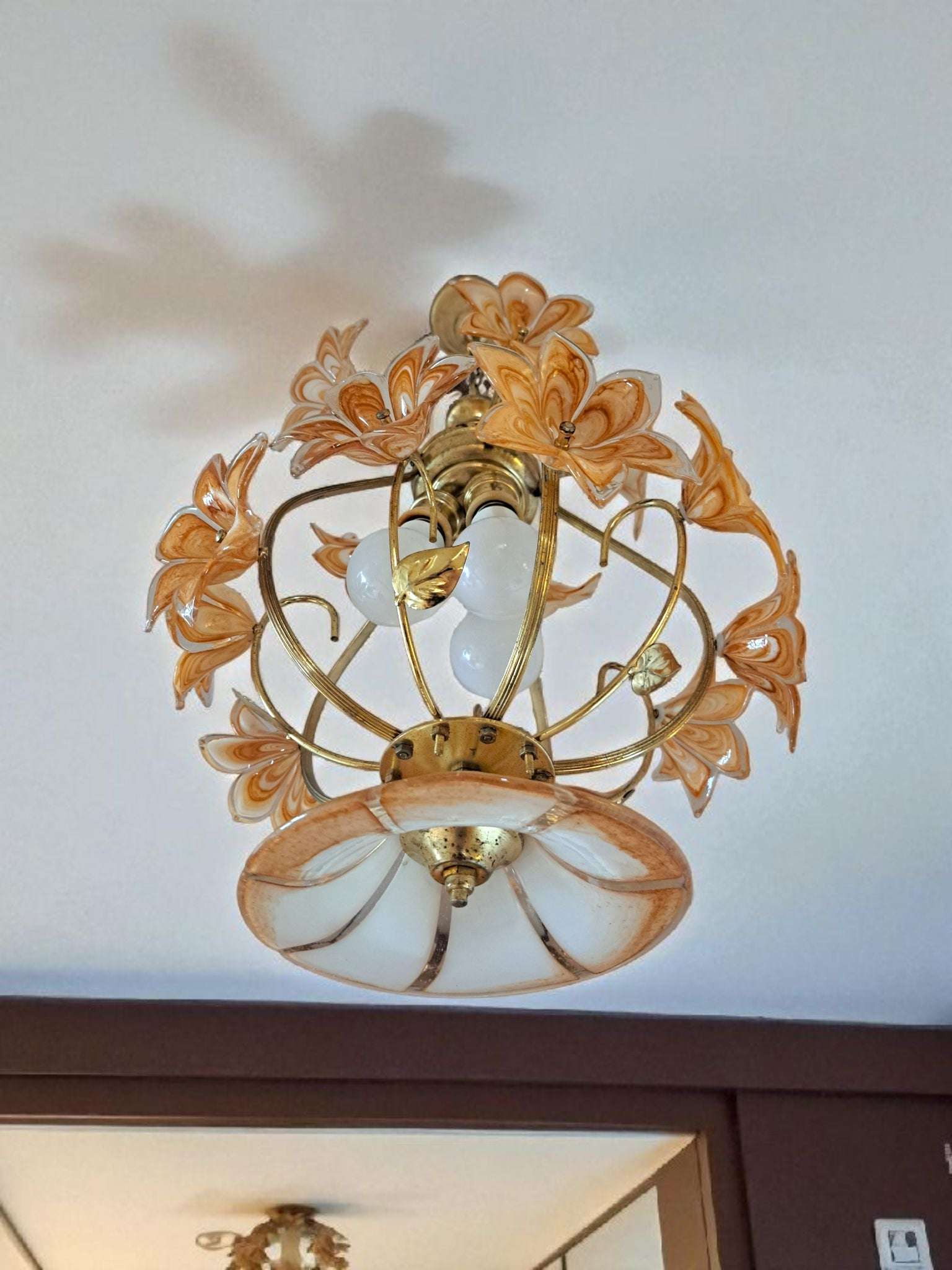 Vintage Caramel Murano Glass Flowers Chandelier 3-Light 1970s Italian Lighting Fixture