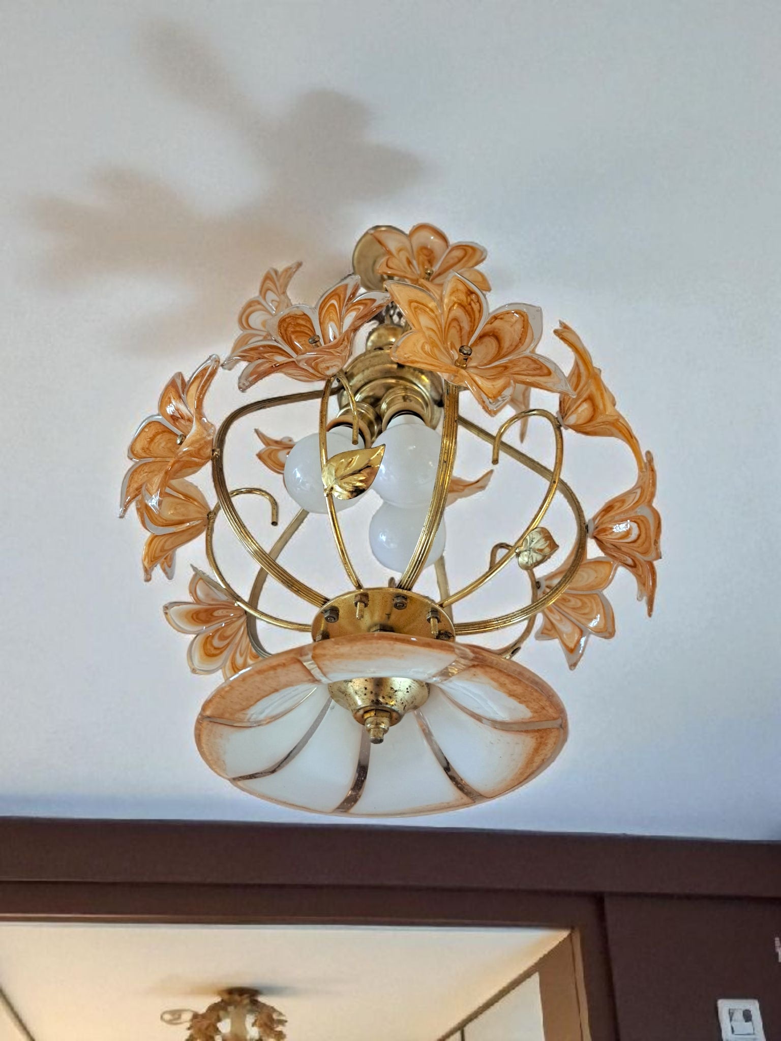 Vintage Caramel Murano Glass Flowers Chandelier 3-Light 1970s Italian Lighting Fixture