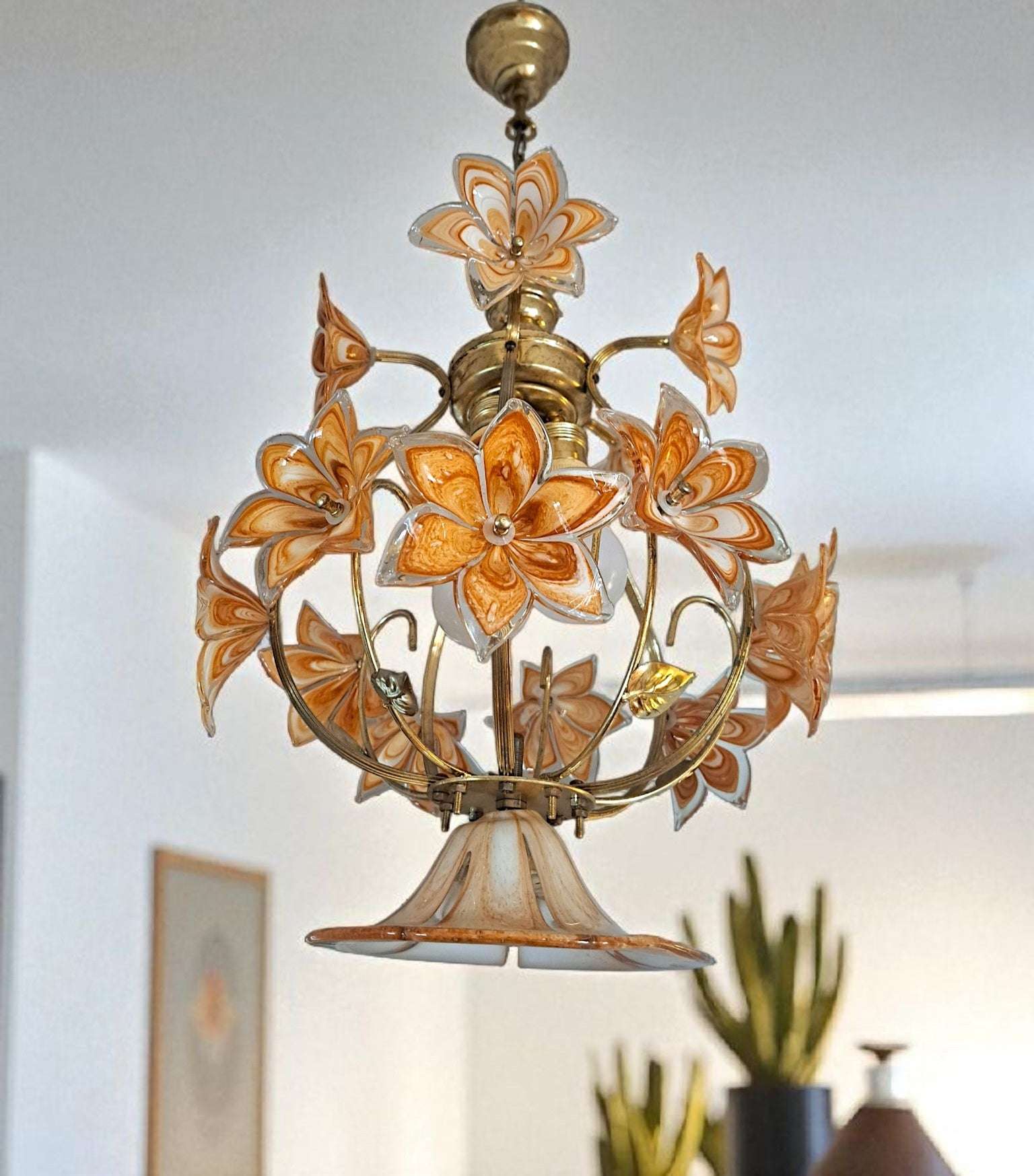 Vintage Caramel Murano Glass Flowers Chandelier 3-Light 1970s Italian Lighting Fixture