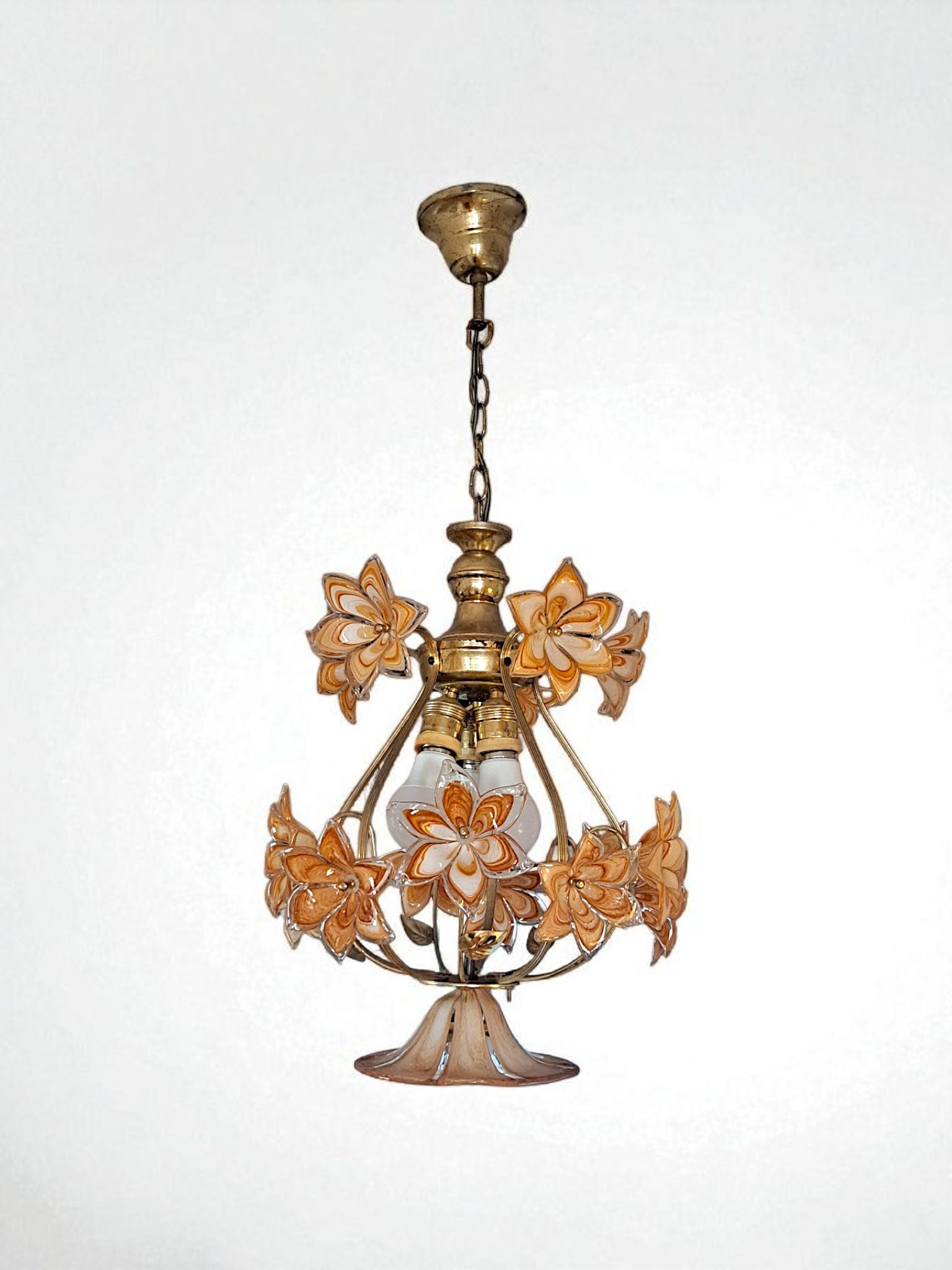 Vintage Caramel Murano Glass Flowers Chandelier 3-Light 1970s Italian Lighting Fixture